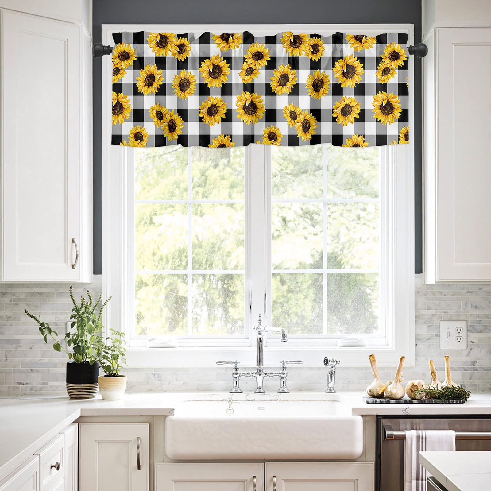 Sunflower Window Curtains Valances for Living Room, Kitchen Valances Rod Pocket Curtain Drapery, Fall Summer Buffalo Plaid, Soft&Washable Window Treatment Valances, Black White, 1 Panel, 54x18inch