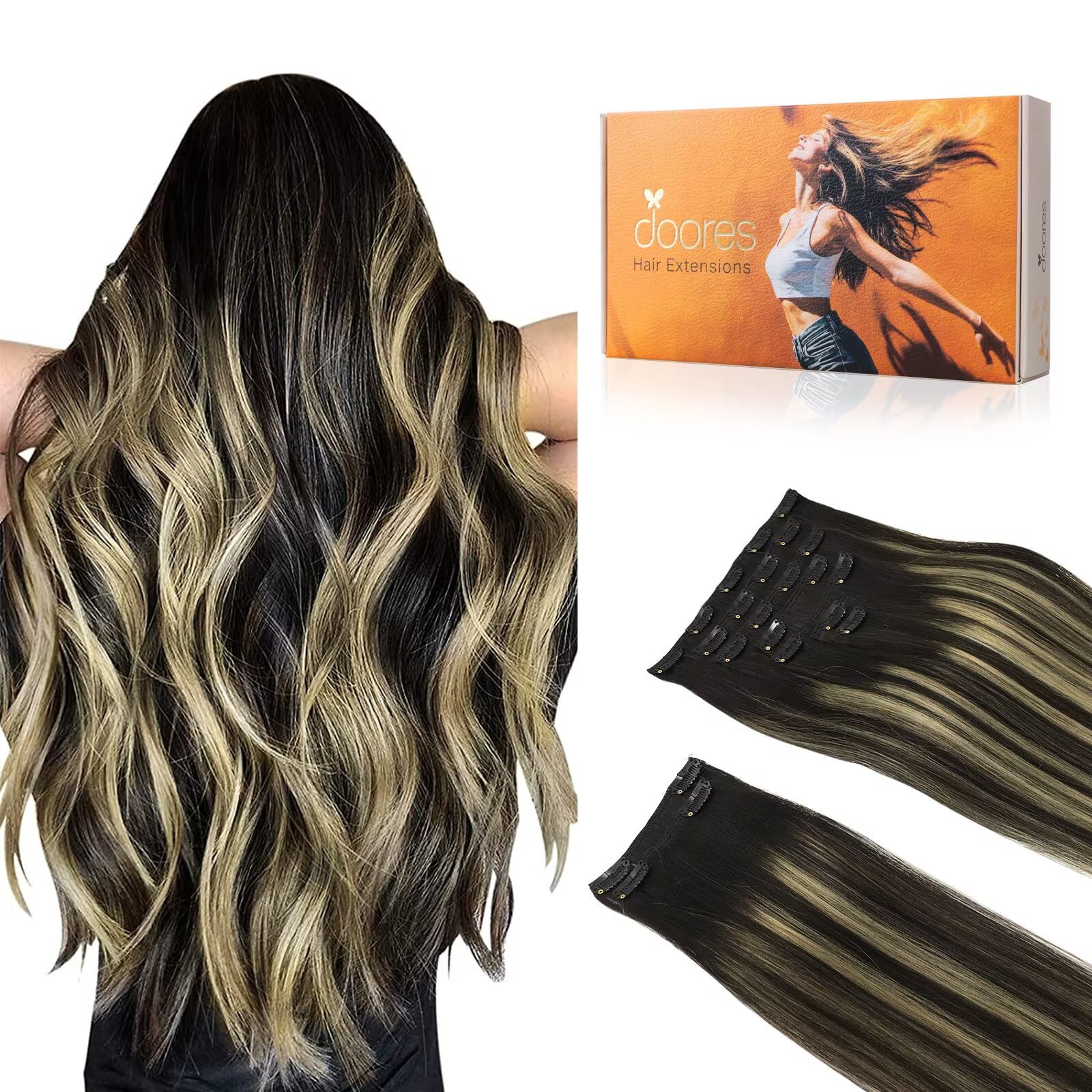 DOORES Hair Extensions Clip in Human Hair, Balayage Natural Black to Light Blonde 14 Inch 150g 9pcs, Clip in Hair Extensions Human Hair Remy Hair