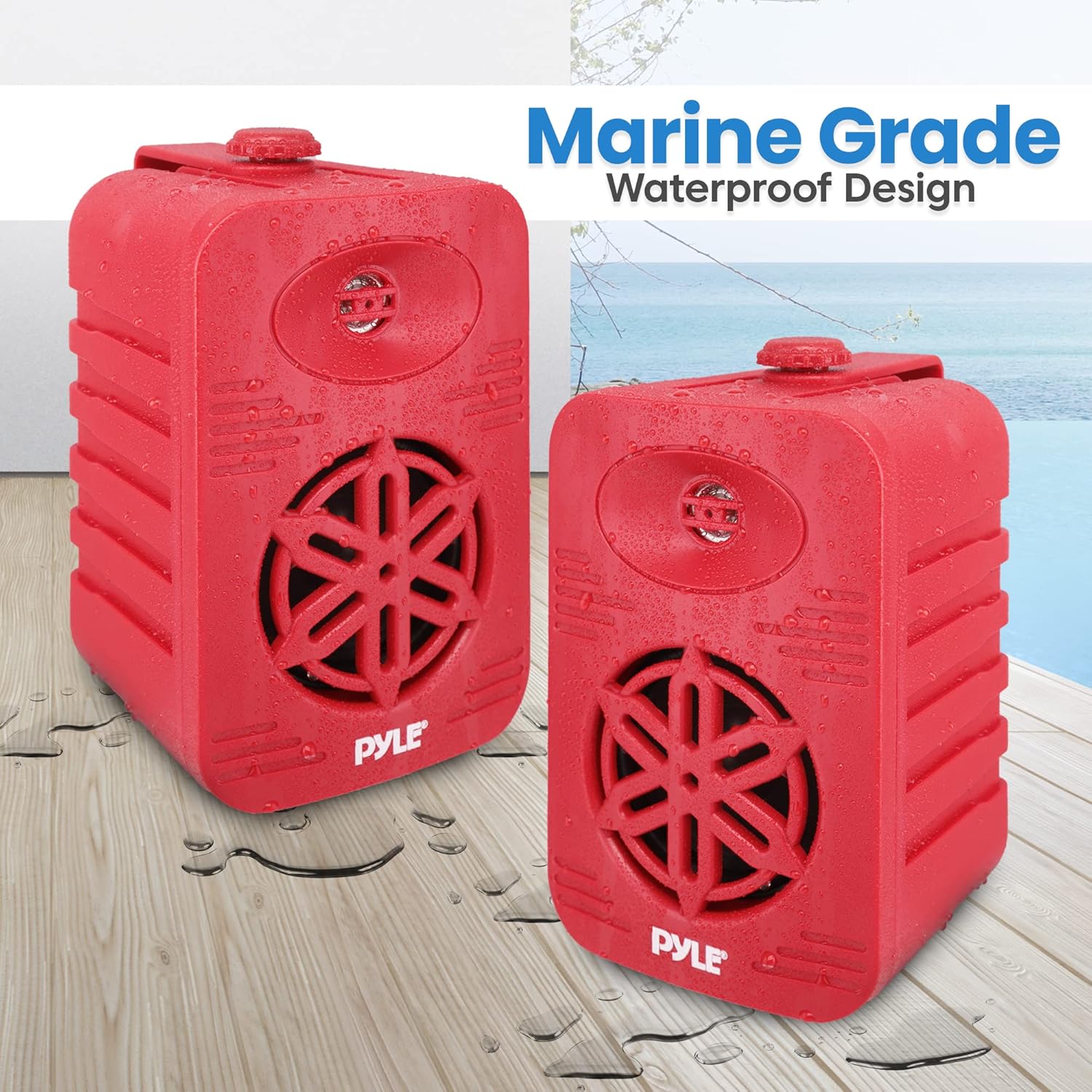 PyleUsa Indoor Outdoor Speakers Pair - 300 Watt Dual Waterproof 4” 2-Way Full Range Speaker System w/ 1/2” High Compliance Polymer Tweeter - in-Home, Boat, Marine, Deck, Patio, Poolside (Red)