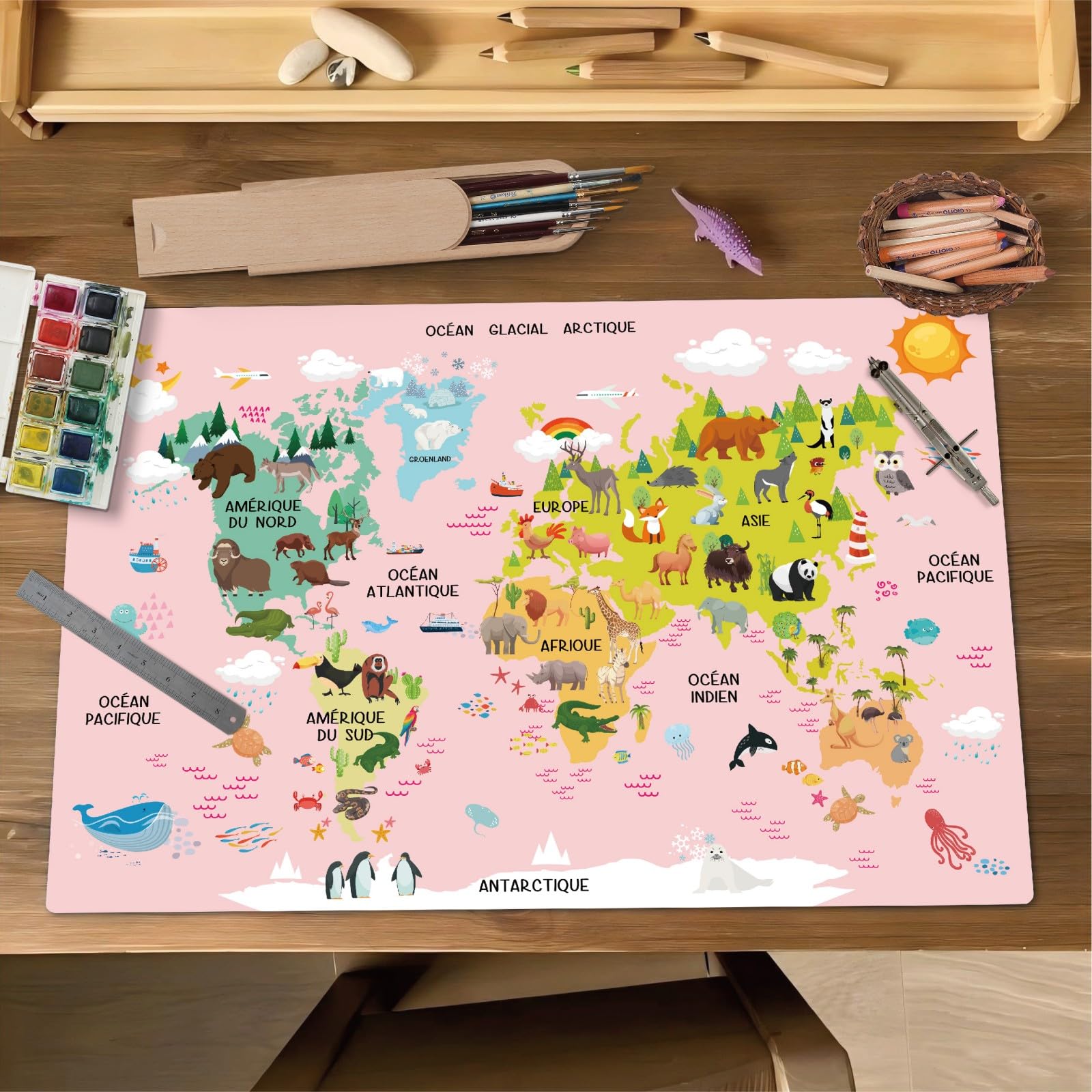 Carte du Monde Animaux Rose Français Sous-main Enfant 40x60cm Tapis Bureau Imperméable Cuir PU Double Face Effaçable