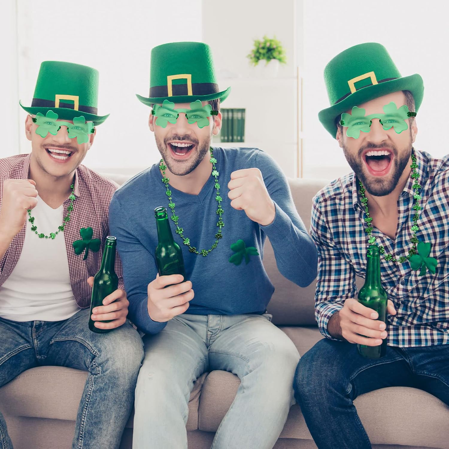 Leitee 100 Pieces of St. Patrick's Day Accessories Include 50 Irish Shamrock Glasses Green Clover Eyeglasses and 50 Green Shamrock Bead Necklaces for Saint Patricks Party Favor Decorations