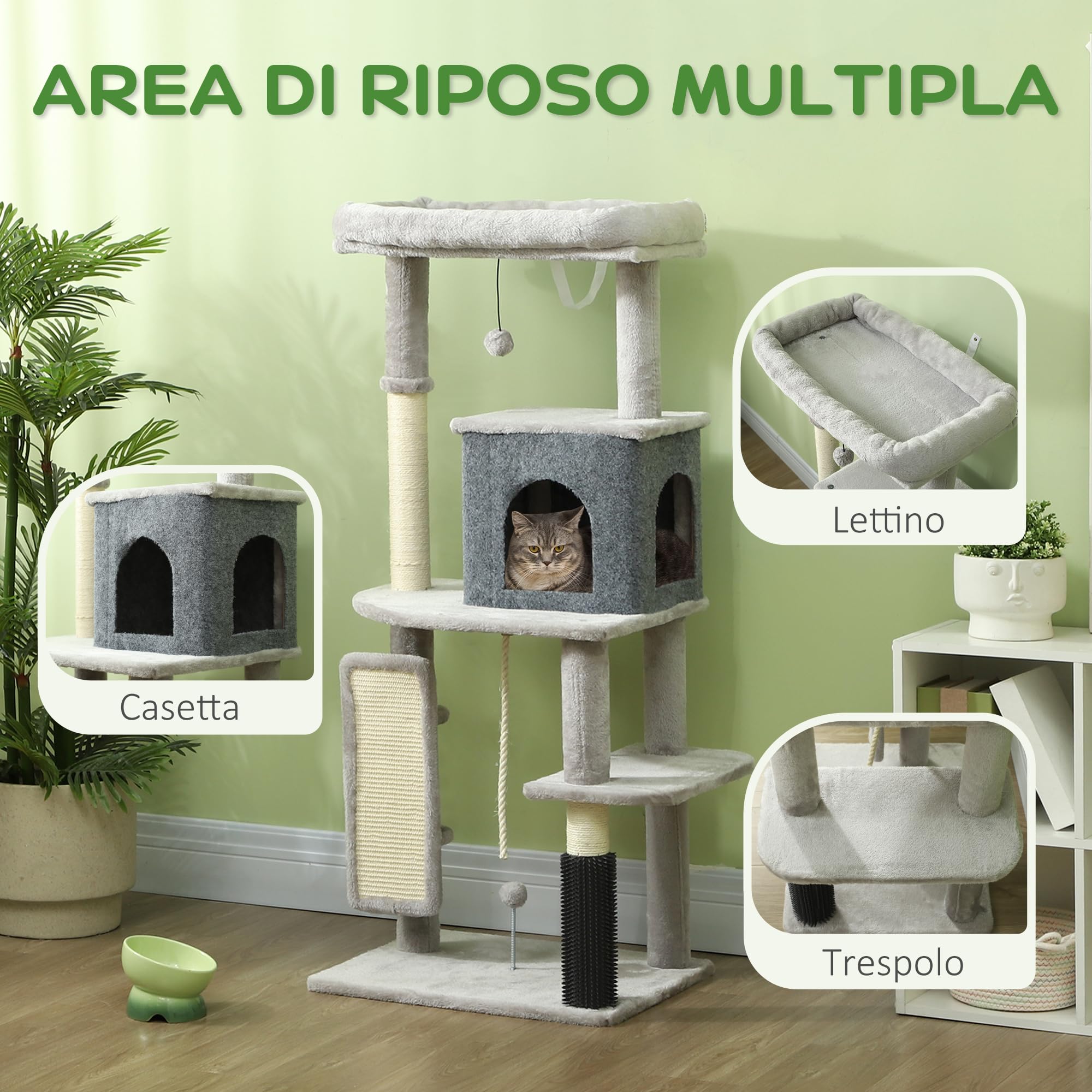 PawHut Albero Tiragraffi Multilivello Alto 132 cm, Palestra per Gatti con Casetta, Lettino per Gatti, Pali Tiragraffi, Piattaforma, Spazzola e Pallina, Dispositivo Antiribaltamento, Grigio Chiaro