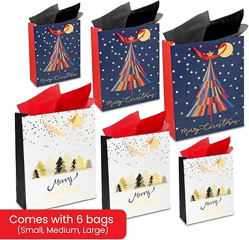 Miniatura 4 de RACHELLE'S Bolsas de regalo de Navidad  Bolsas de regalo de papel resistentes con papel de seda, etiqueta y asa  Diseño de árboles de vacaciones