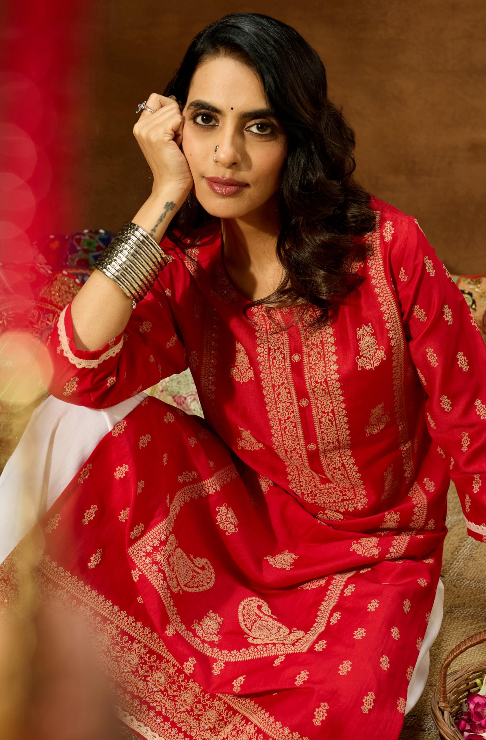 Janasya Women's Silk Blend Ethnic Printed Straight Kurta