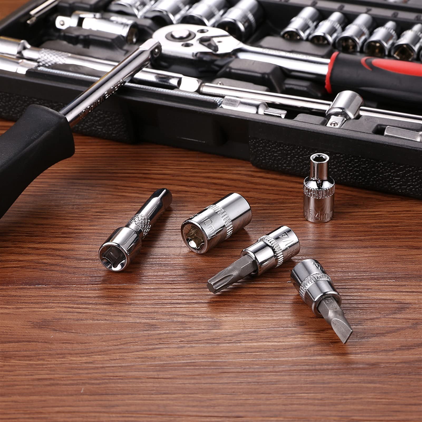 46 Stks 1/4 inch socket sleutel set carbon stalen ratelsleutel Multifunctionele mechanische auto repareren Handgereedschap Ratchet Kit Gereedschapskist set (Color : Black