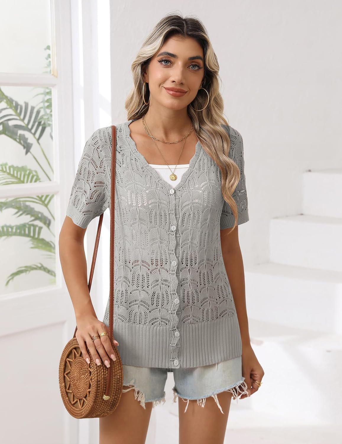 Zeagoo Women's Short Sleeve Summer Cardigan V-Neck Button up Lightweight Hollow Out Sweater Cardigans Shrug - Image 3