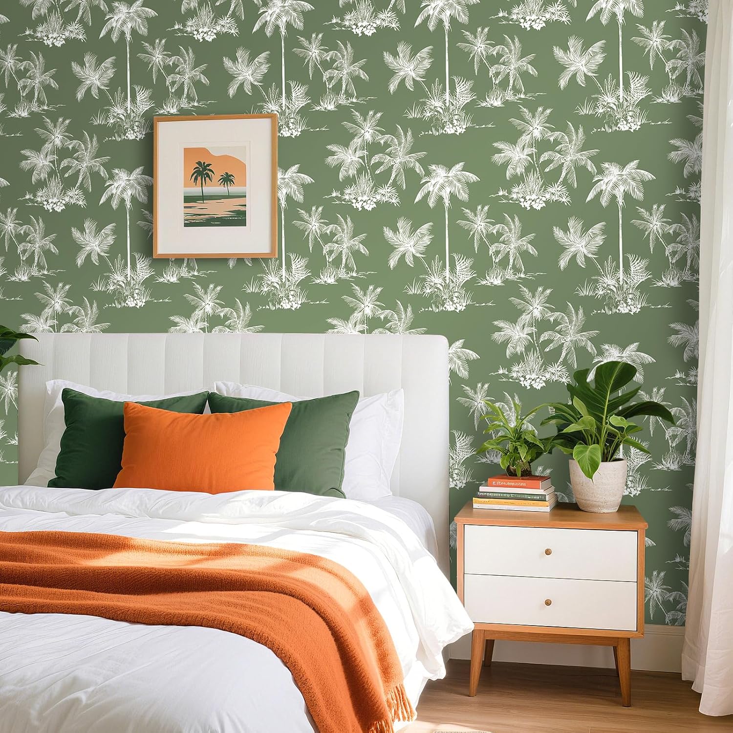 ReWallpaper 17.5in x 23ft Palm Tree Wallpaper Green Tropical Peel and Stick Wallpaper Waterproof Botanical Self Adhesive Wall Mural Jungle Leaf Accent Wall Decor for Living Room Bedroom Laundry Room