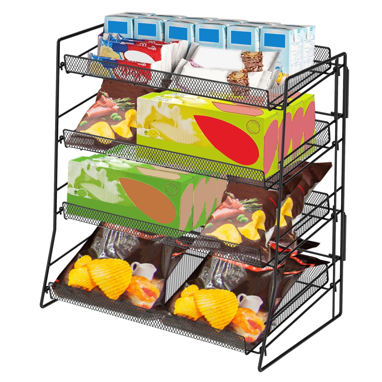 KTCINA Candy Display Rack, 4 Tier Carbon Steel Snack Shelf Organizer for Counter, Metal Snack Organizer Chip Rack Display Stand Chip Bag Holder for Countertop Tabletop Kitchen Store, 40x22x41cm