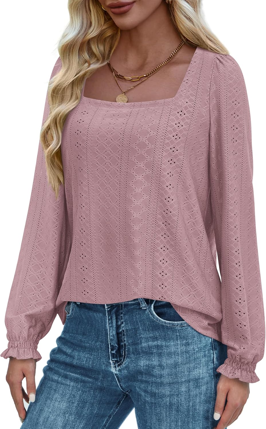 Okiwam Womens Long Sleeve Shirts Fall 2026 Square Neck Dressy Casual Blouses Eyelet Tunic Tops Fashion Outfits Clothes - Image 4