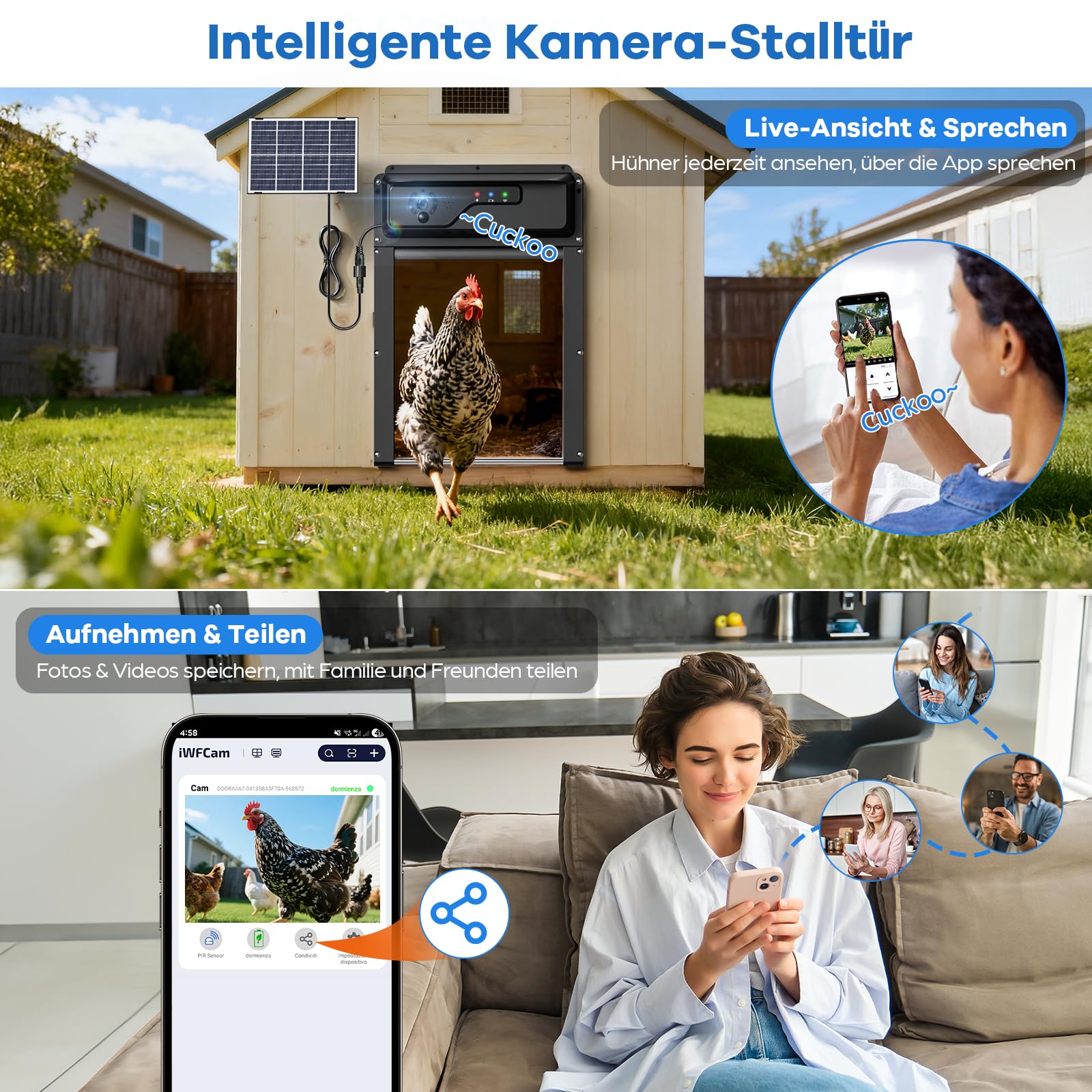 1080P Kamera Automatische Hühnerklappe Solar mit WiFi App Steuerung, Aluminum Hühnerklappe Automatisch mit Timer, Fernbedienung, Intelligenter Einklemmschutz Elektrische Hühnertür, Rolltor-Design