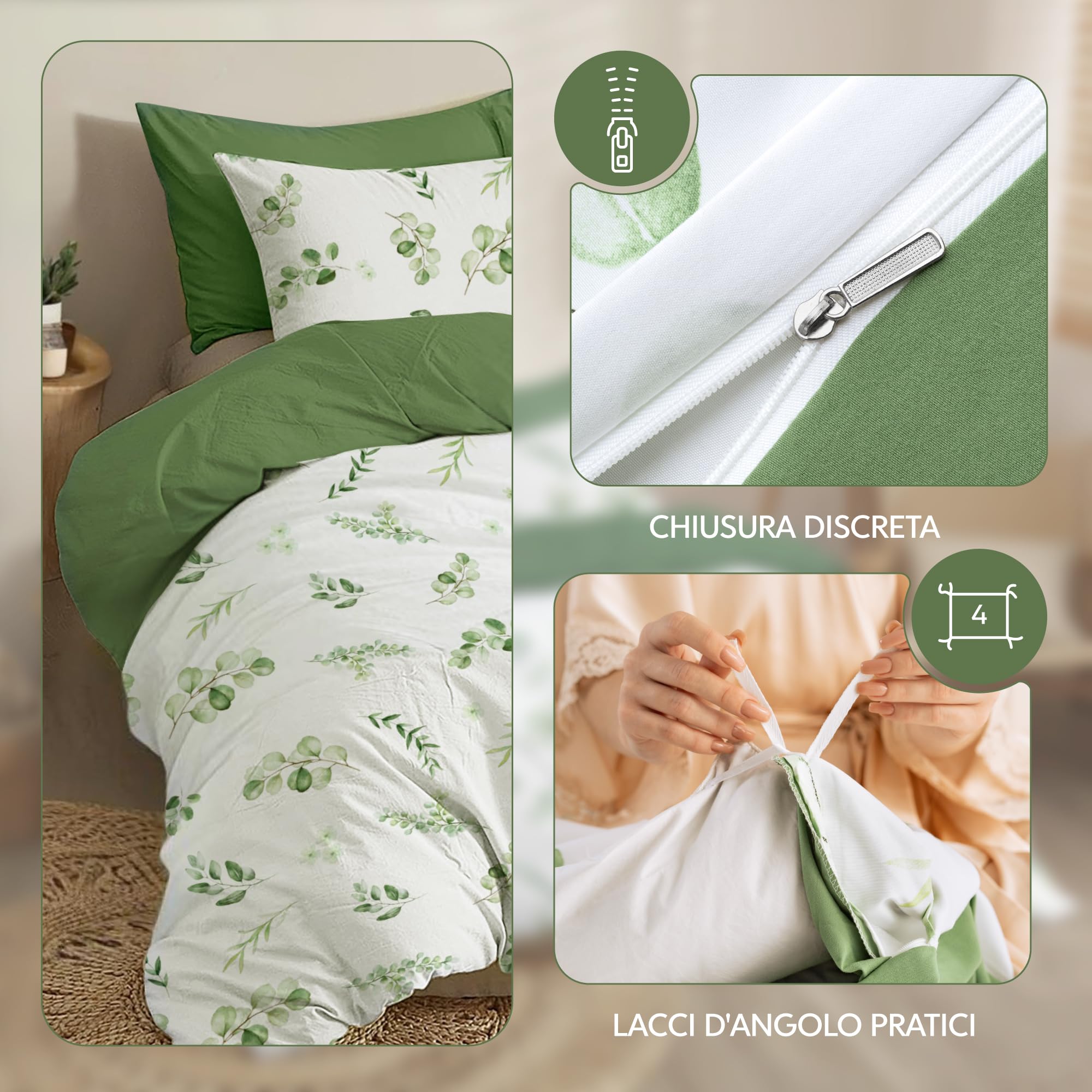 Dreamzie Copripiumino Matrimoniale 200x200 cm con 2 Federe 50x70 cm - In Microfibra - Motivo Botanico Verde Salvia - Set Copripiumino Matrimoniale 200x200