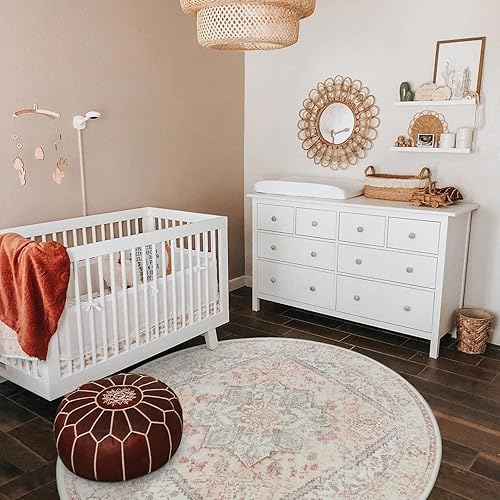 Miniatura 5 de LIVEBOX Alfombra lavable rosa de 5 pies  Alfombra circular vintage de medallón para dormitorio, alfombra de pelo bajo con estampado tribal para