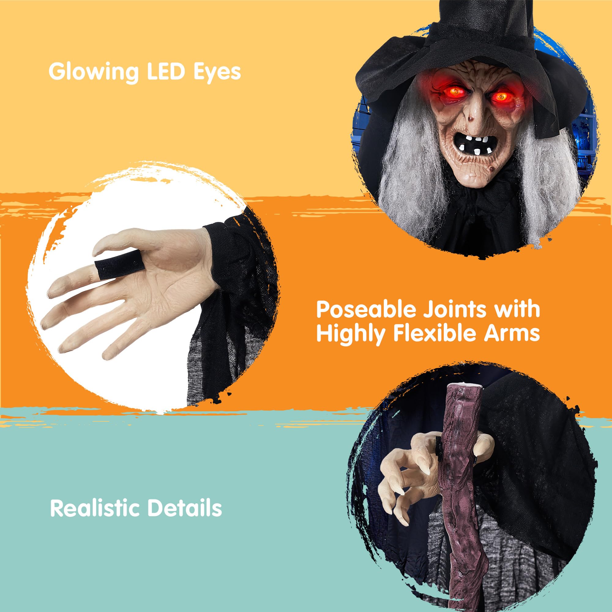 JOYIN 1,8 m Halloween Animatronics Strega con canna, decorazioni di Halloween a grandezza naturale con suono raccapricciante e occhi luminosi, attivazione del suono animata casa infestata puntello