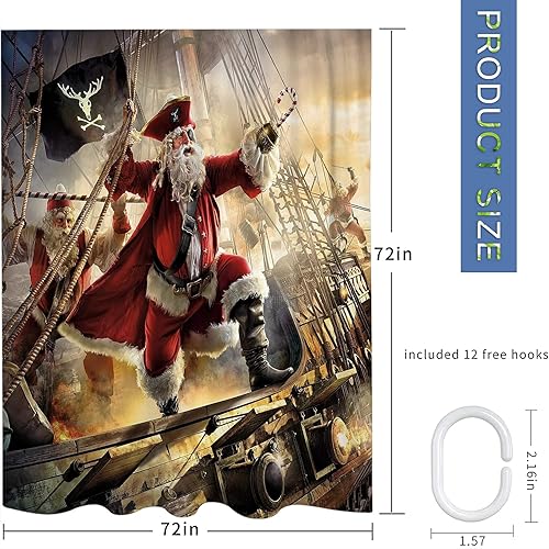 Miniatura 5 de Old Pirate Ship in the Sea Retro Christmas Santa Claus Voyage Art Juego de cortinas de ducha con ganchos, tela de poliéster, gran regalo