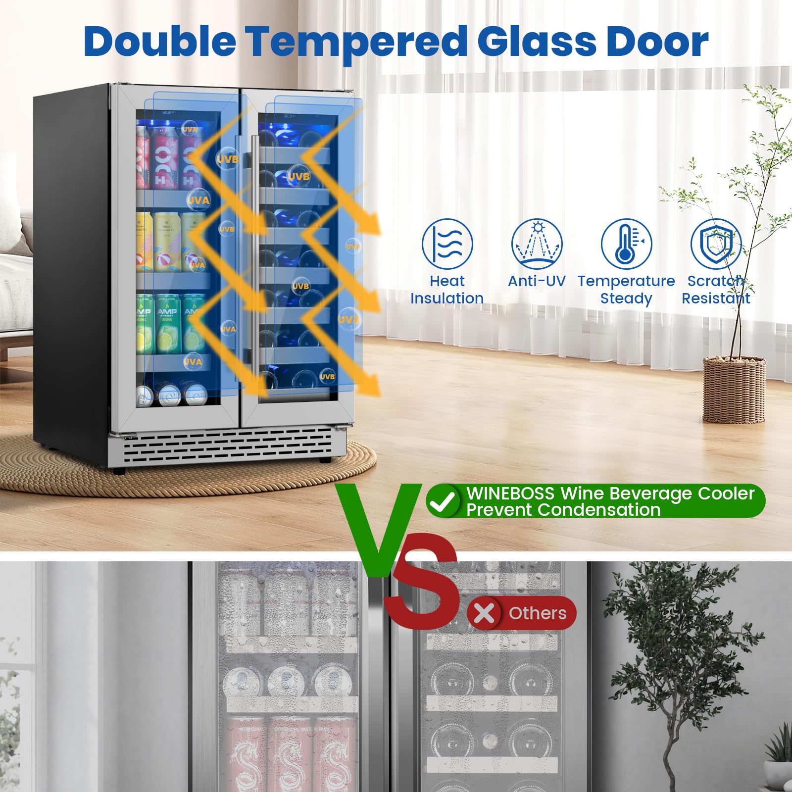 WINEBOSS 24 Inch Wine and Beverage Refrigerator, Dual Zone Wine Fridge Under Counter, 20 Bottle & 88 Cans Wine Cooler Refrigerator with Glass Door & Stainless Steel Shelves for Beer Commercial Office on Fridge.com