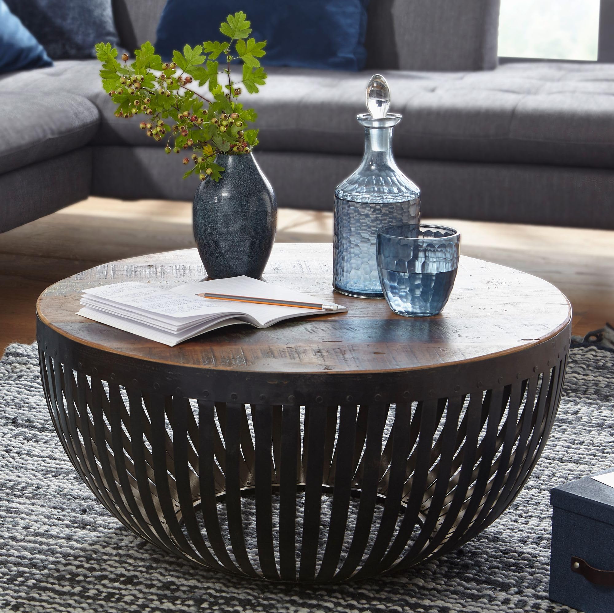 FineBuy Couchtisch 70x33x70 cm Holz/Metall Wohnzimmertisch Industrial, Clubtisch Tisch Wohnzimmer, Sofatisch mit Metallgestell, Loungetisch massiv, Design Stubentisch rund Braun