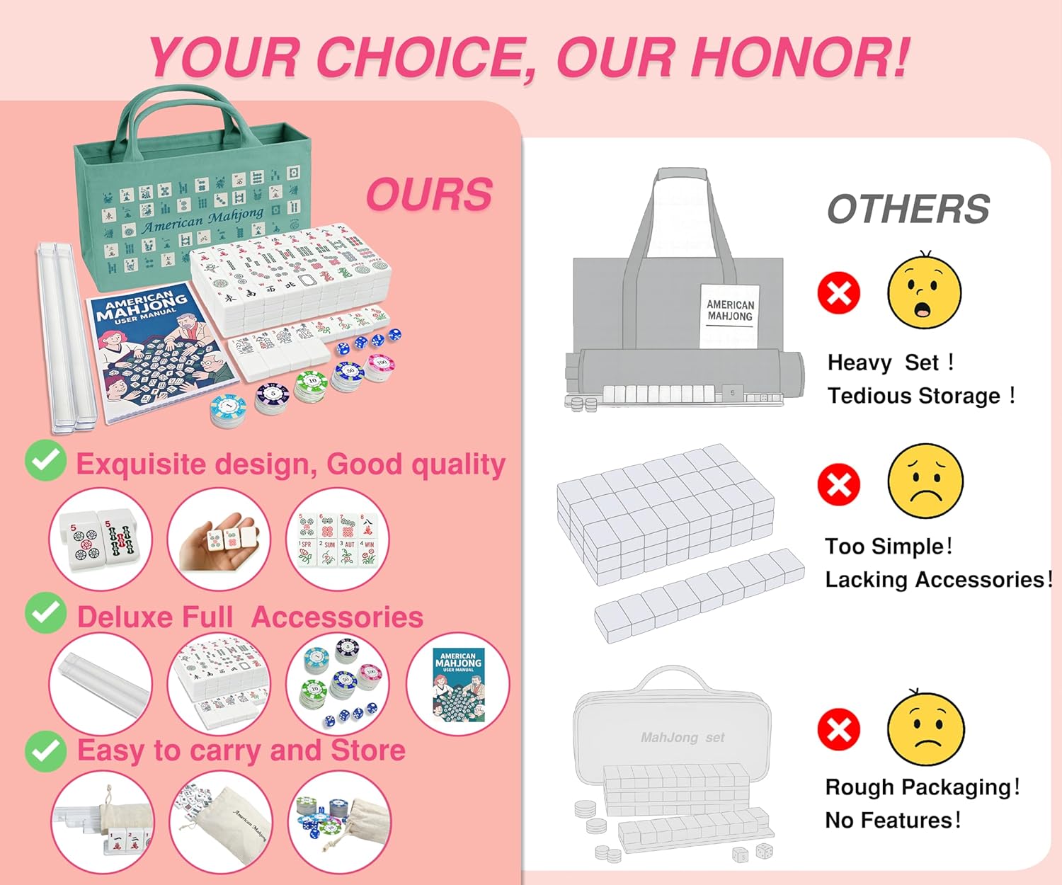 American Mahjong Tile Set – Complete 166 Tiles with Deluxe Accessories, 4 Racks, 100 Colorful Chips, Instruction Book & 1+3 Mahjong-Themed Storage Bags, Portable Mahjong Set for Family Fun & Holidays