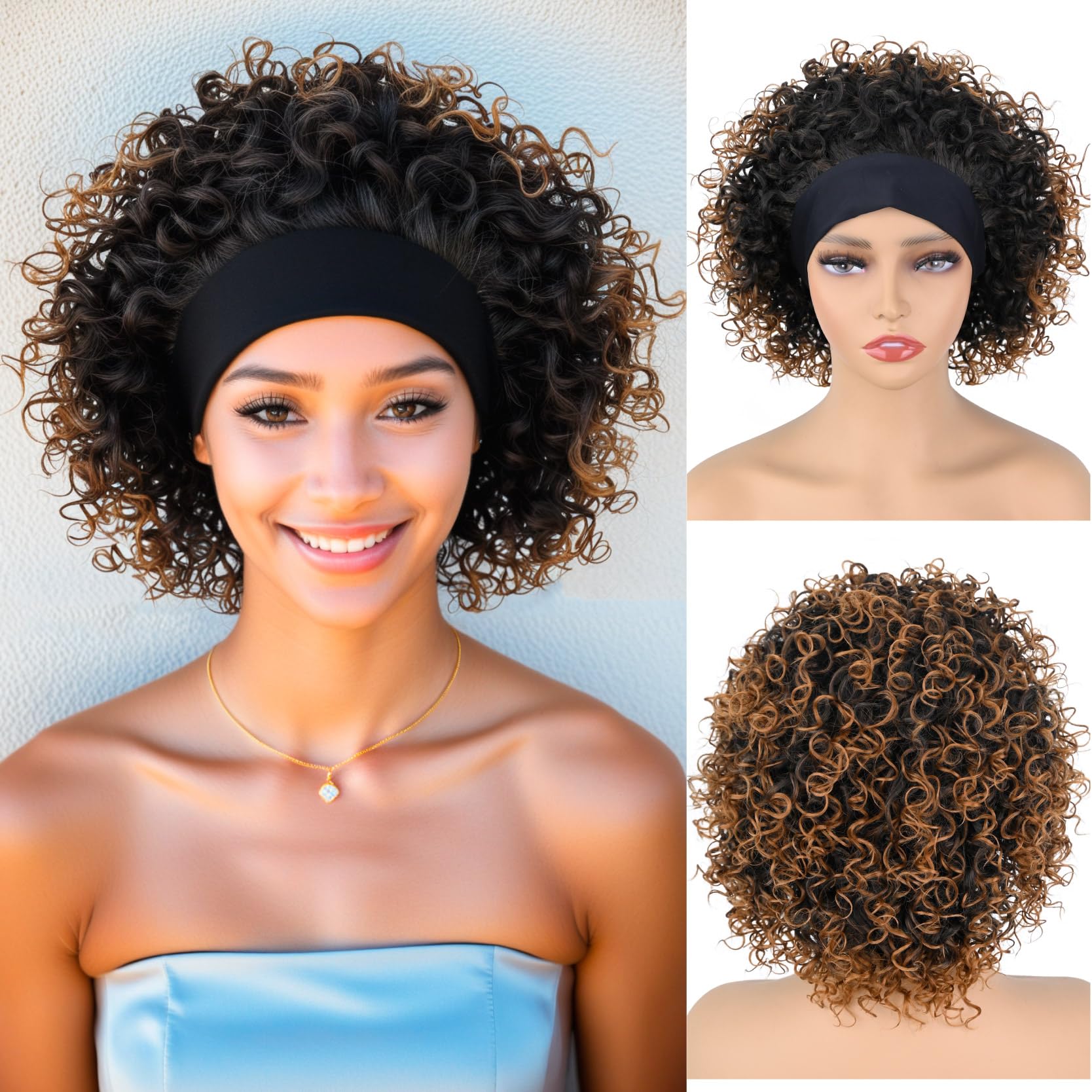 Allyreetress Kinky Curly Headband Wig with Headband Attached Short Afro Wig for Black Women None Lace Front Wigs Natural Like Human Hair 180% Full