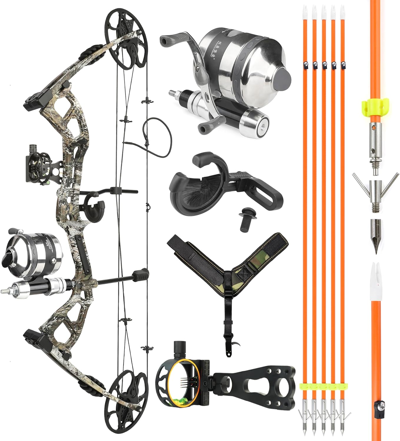 Bowfishing Compound Bow Kit, 0-70 lbs Adjustable,Limb Made in USA,with Bowfishing Reel,Bow Fishing Arrows,Right-Handed,for Adult/Youth Archery Bow Fishing,Hunting,Target Shooting