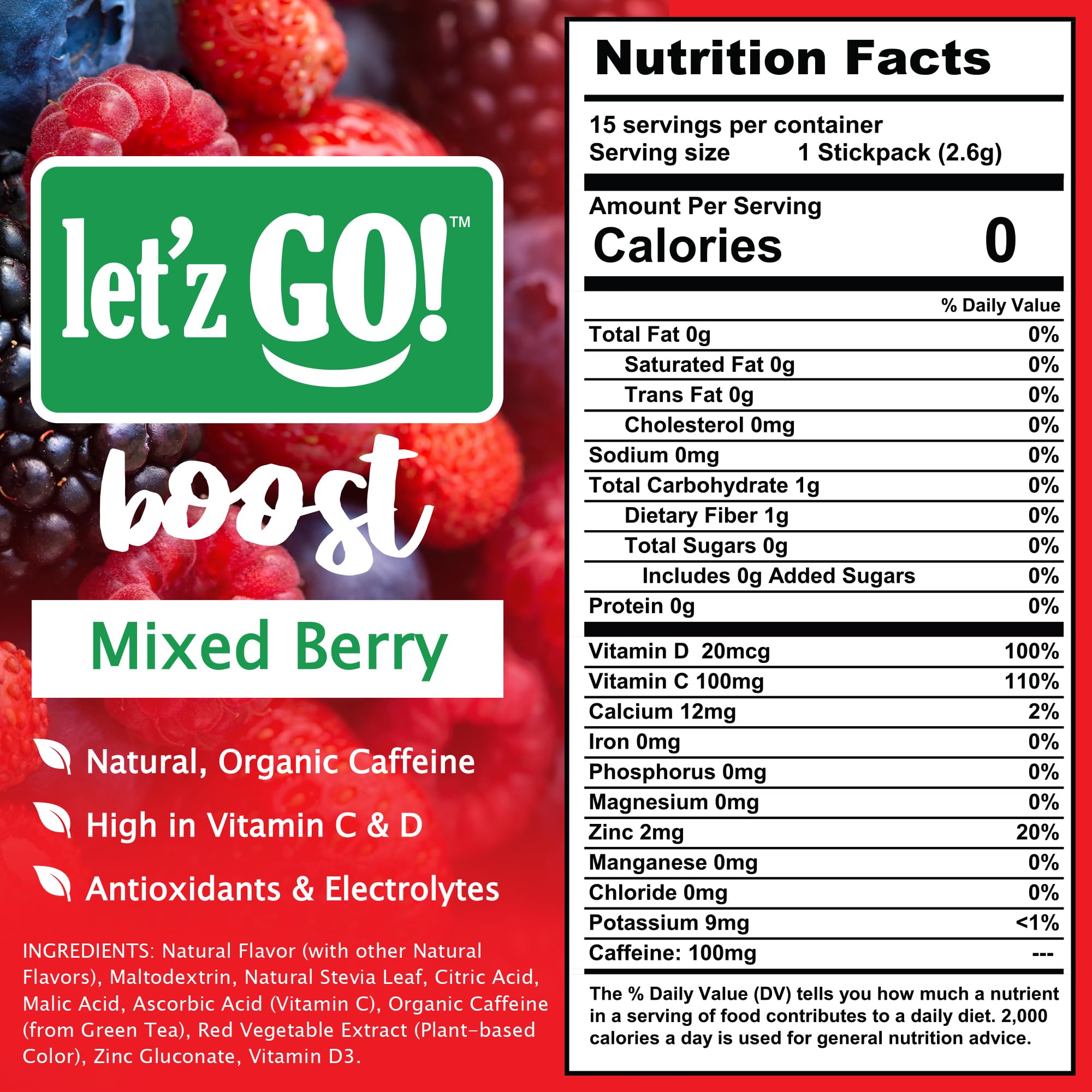 Let'z Go Clean Energy Drink Mix – Natural Caffeine Packets, Vitamins C + D, Electrolytes, Sugar-Free, Zero Calories | Anytime Energy | 15 Count (Mixed Berry) — Amazon image 2