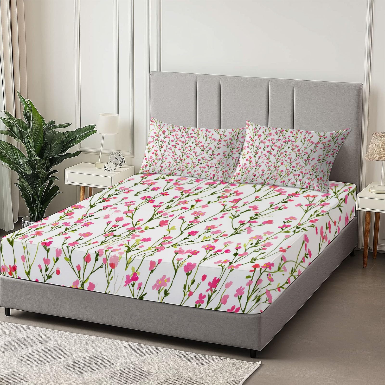 Różowe prześcieradło z gumką 90 x 190 cm szczotkowana mikrofibra, elegancki wzór dzikich różowych kwiatów z elastyczną krawędzią Pokrowiec na wyjmowany materac, pościel do sypialni, pasuje do materacy