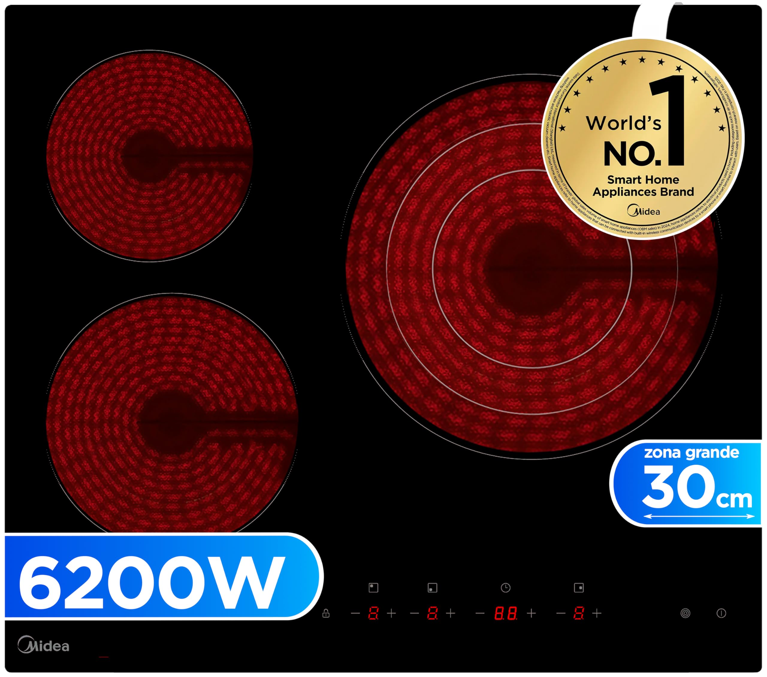 MIDEA 3-burner glass plate 6200 W - Integrated glass ceramic with touch control panel, light indicator, timer, child lock and overheat protection