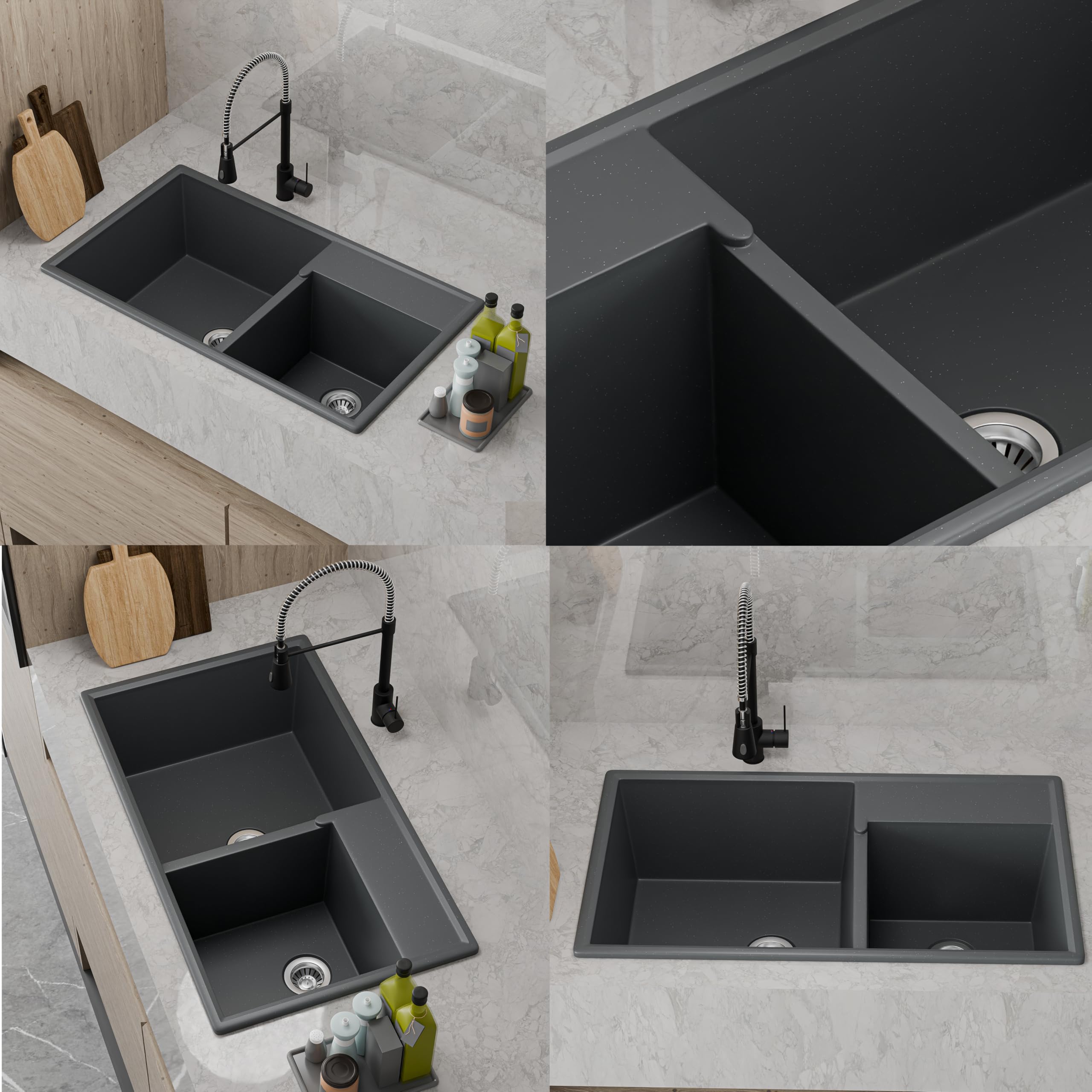 HISRE Quartz Kitchen Sink | 31x18x9 Inches Double Bowl Quartz Sink for Kitchen | UV Protected Sound Dampening Scratch Resistant Noise Reducing Durable and Easy to Clean | Gray, photo 4 of 5