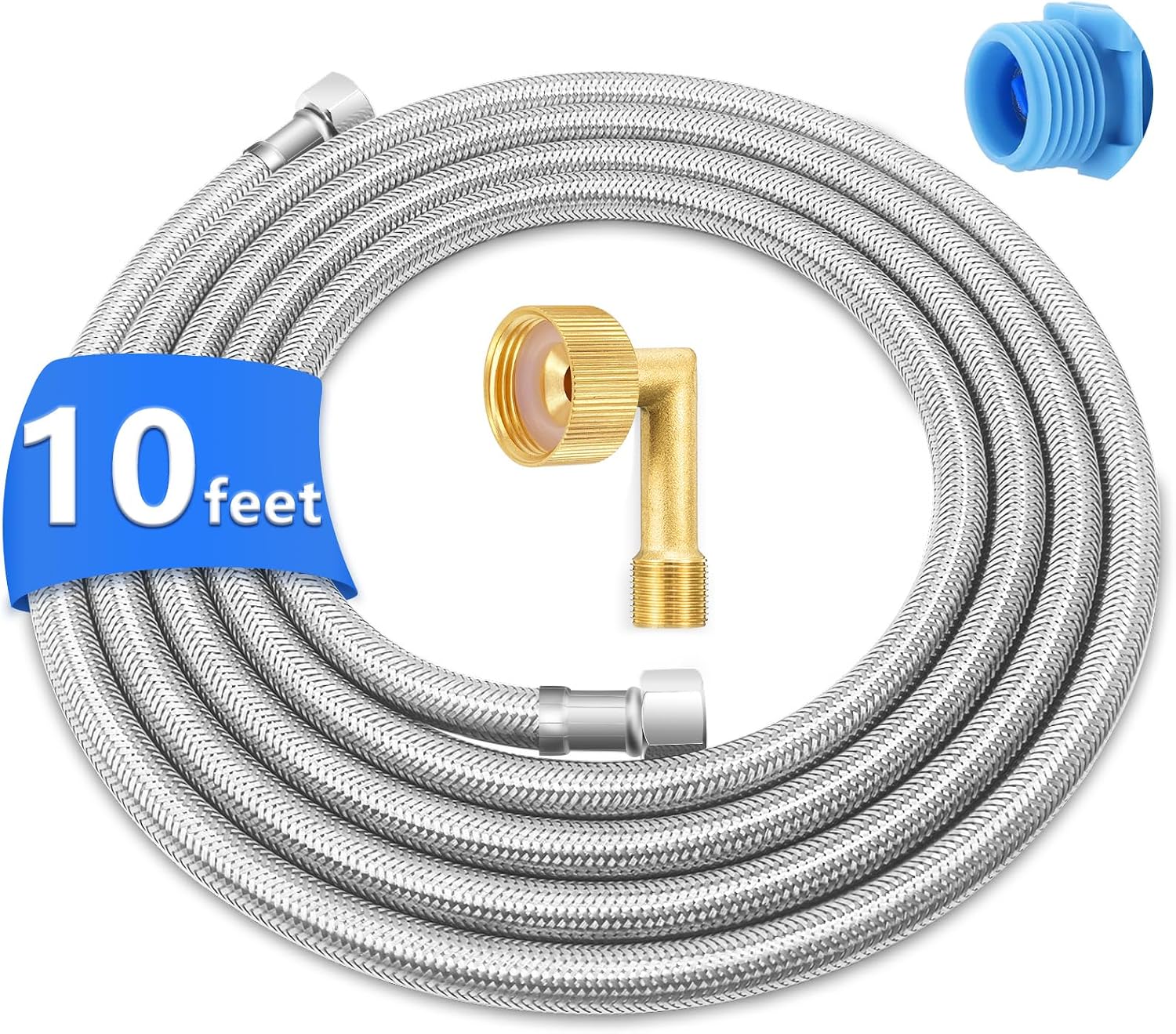 8FT Dishwasher Water Supply Line with 90° Brass Elbow, Stainless Steel Braided and Food-Grade PEX Inner Hose, 3/8" Comp x 3/8" Comp Connections, Includes 3/8" x 3/4" FHT Elbow