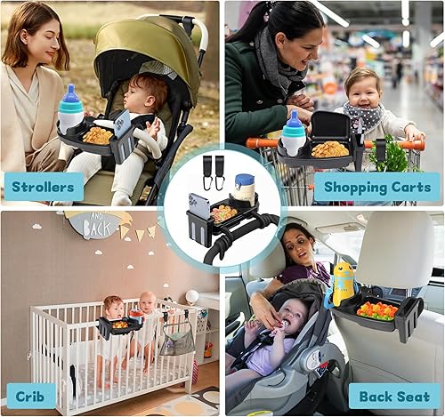 Miniatura 2 de Bandeja universal para refrigerios para cochecito, bandeja universal 3 en 1 para cochecito con soporte para teléfono con 2 ganchos, flexible con