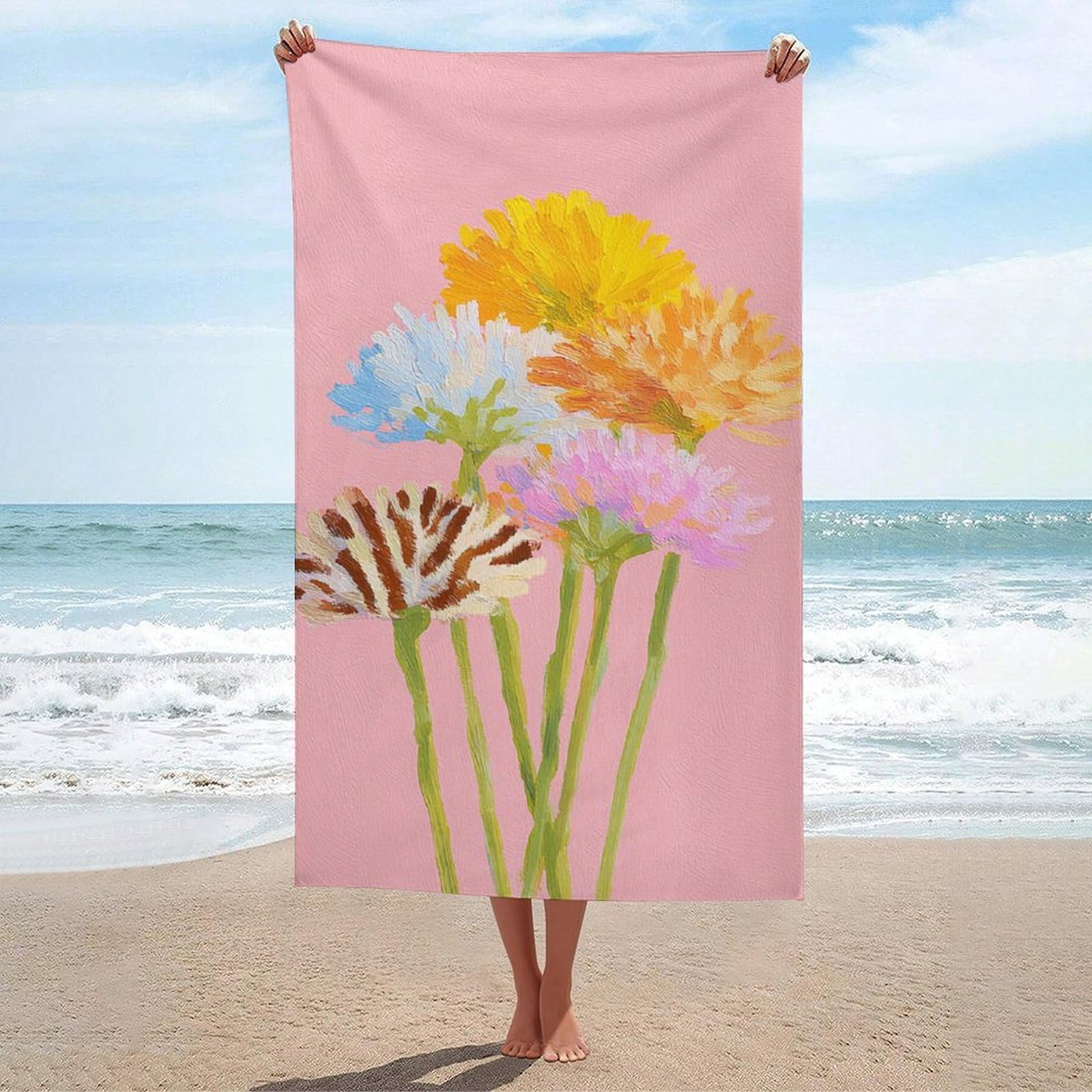 asbwuo Watercolor Flowers on Pink Beach Towel