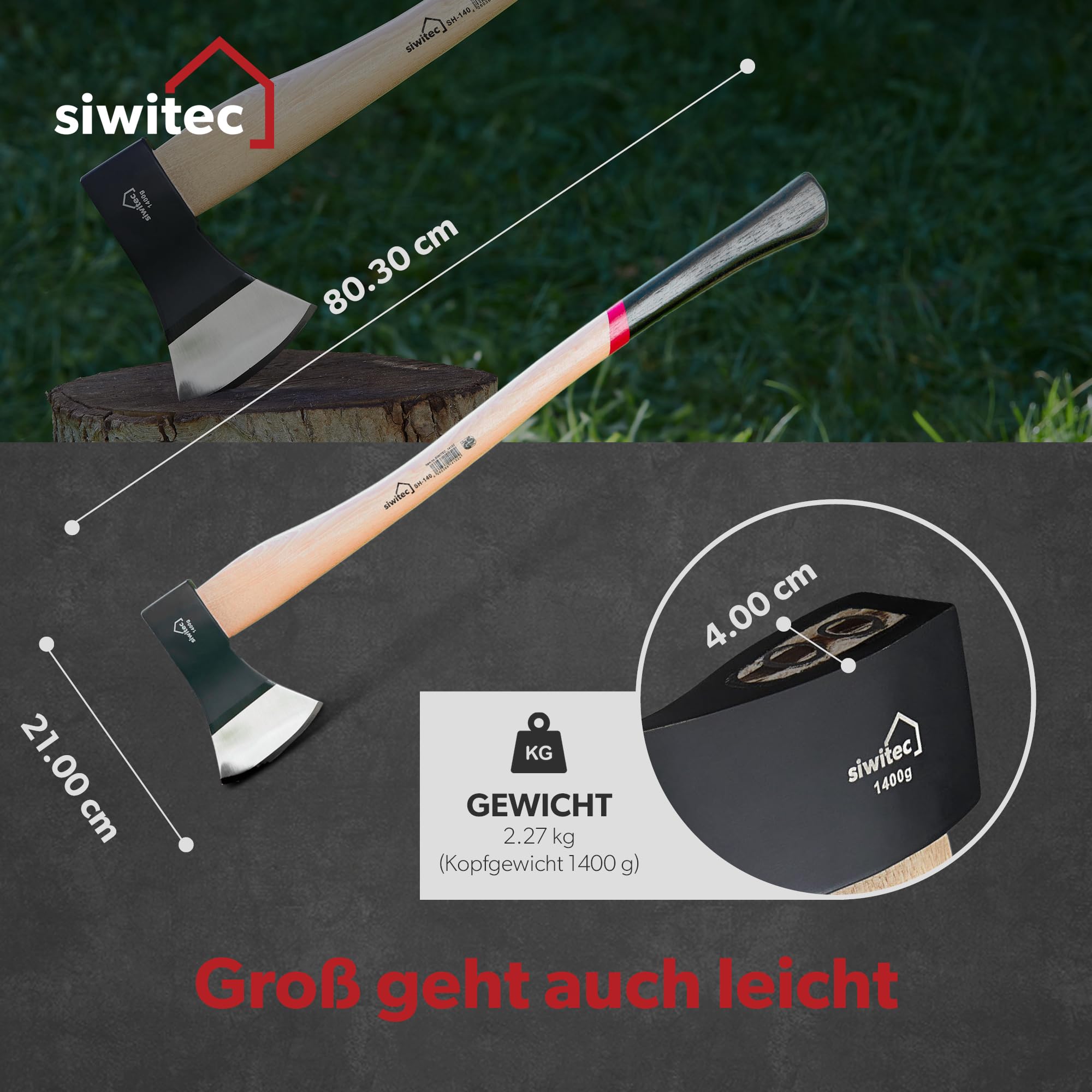 Ascia Per Spaccare Legno Siwitec SH-140 - Testa 1400g In Acciaio C45, Manico In Hickory, Lunghezza 36cm