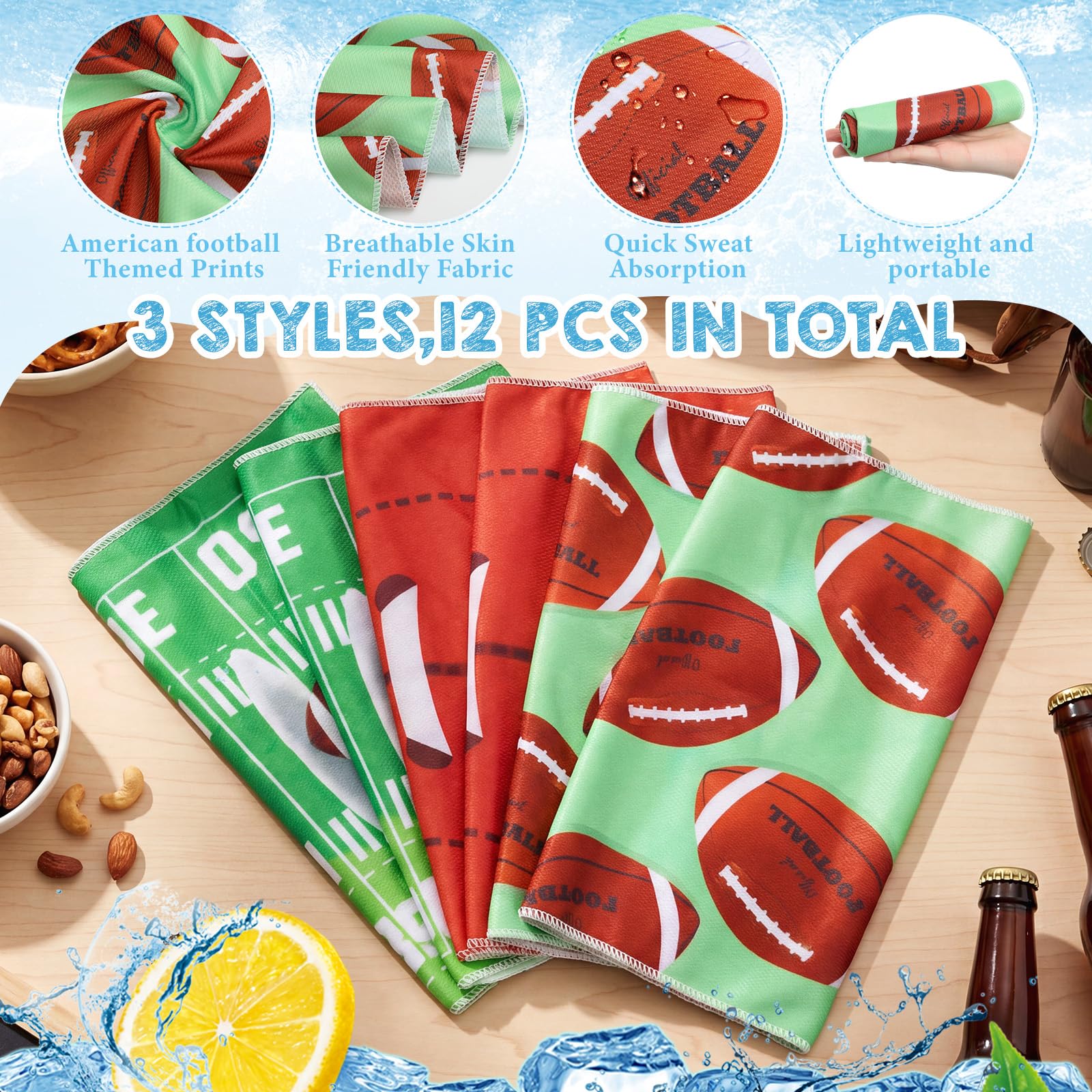 12 Pezzi Asciugamani rinfrescanti per Calcio,Golf,Baseball,Sport,bomboniere per Feste a Tema Calcio,Asciugamani rinfrescanti Traspiranti e Portatili,in Microfibra ad Asciugatura Rapida,32 x 12 pollic
