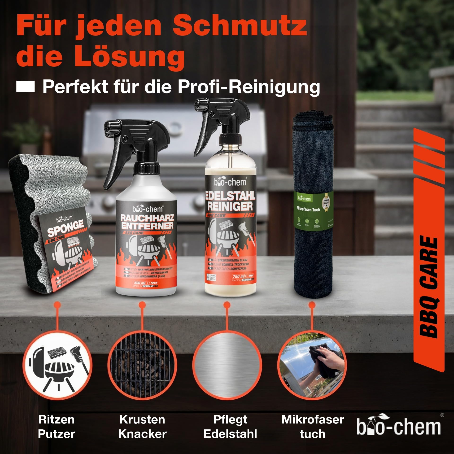 Bio-Chem Grillreiniger Set 4-teilig für Gasgrill & Edelstahl mit Rauchharzentferner