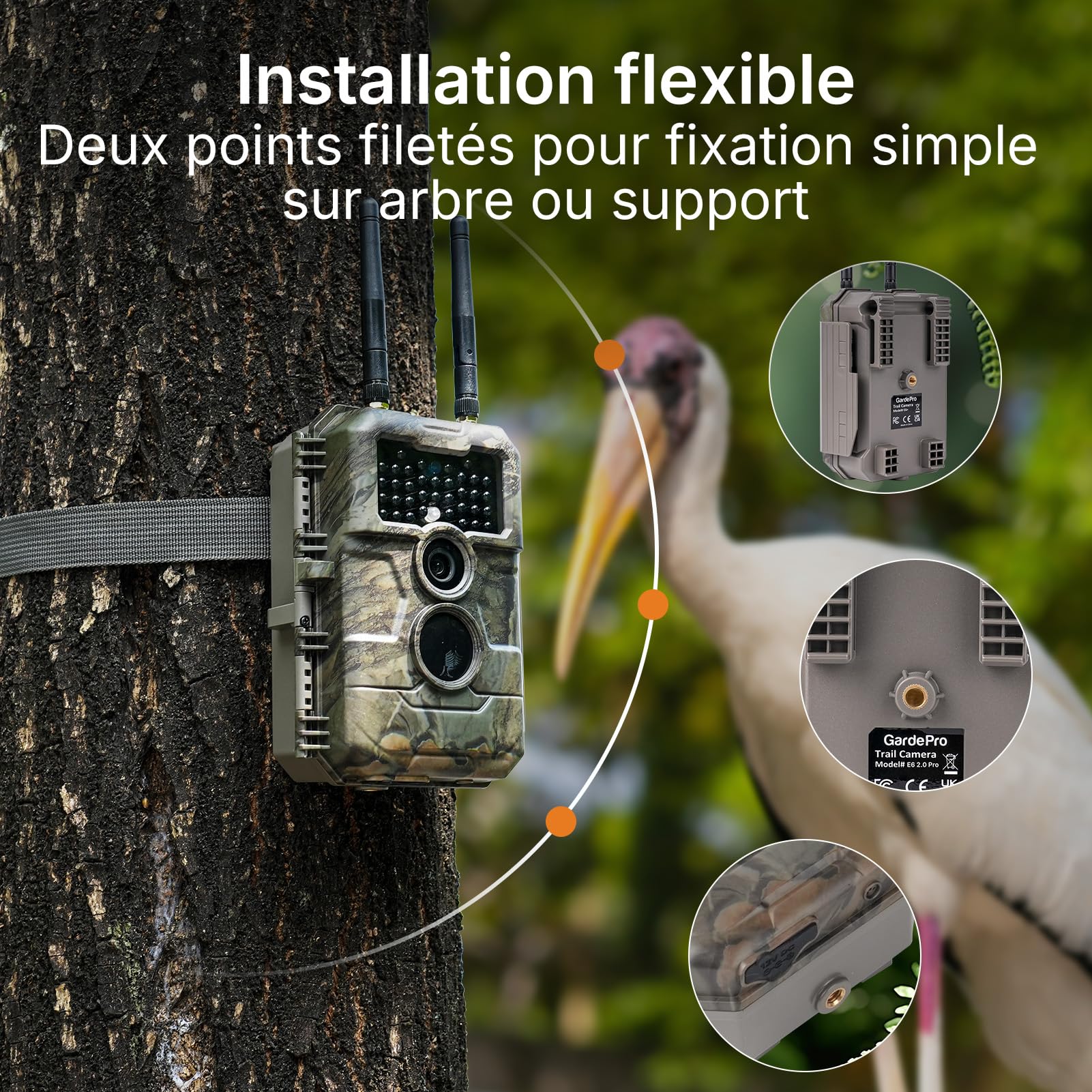 GardePro E6 2.0 Pro 4K Camera de Chasse WiFi, Batterie de 7800 mAh et Carte SD de 64 Go, Portée WiFi de 50 mètres, 64MP Caméra de Chasse Connectée Telephone, Camera Vision Nocturne Animaux Exterieur