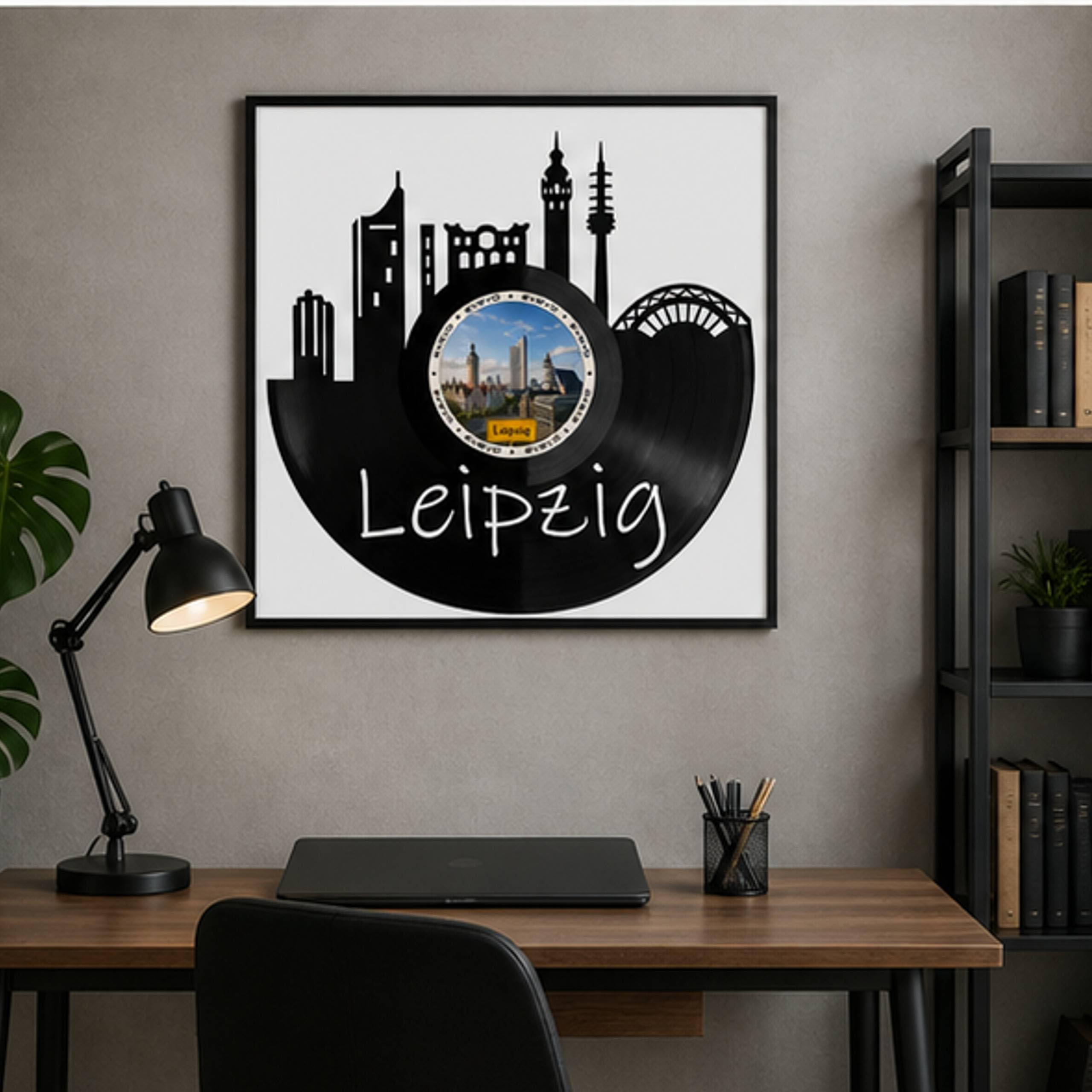 EVEVO Decorazione da parete in vinile con cornice, 32 x 32 cm, Leipzig, decorazione da parete in vinile, motivo città fieristica, regalo per gli amanti della musica