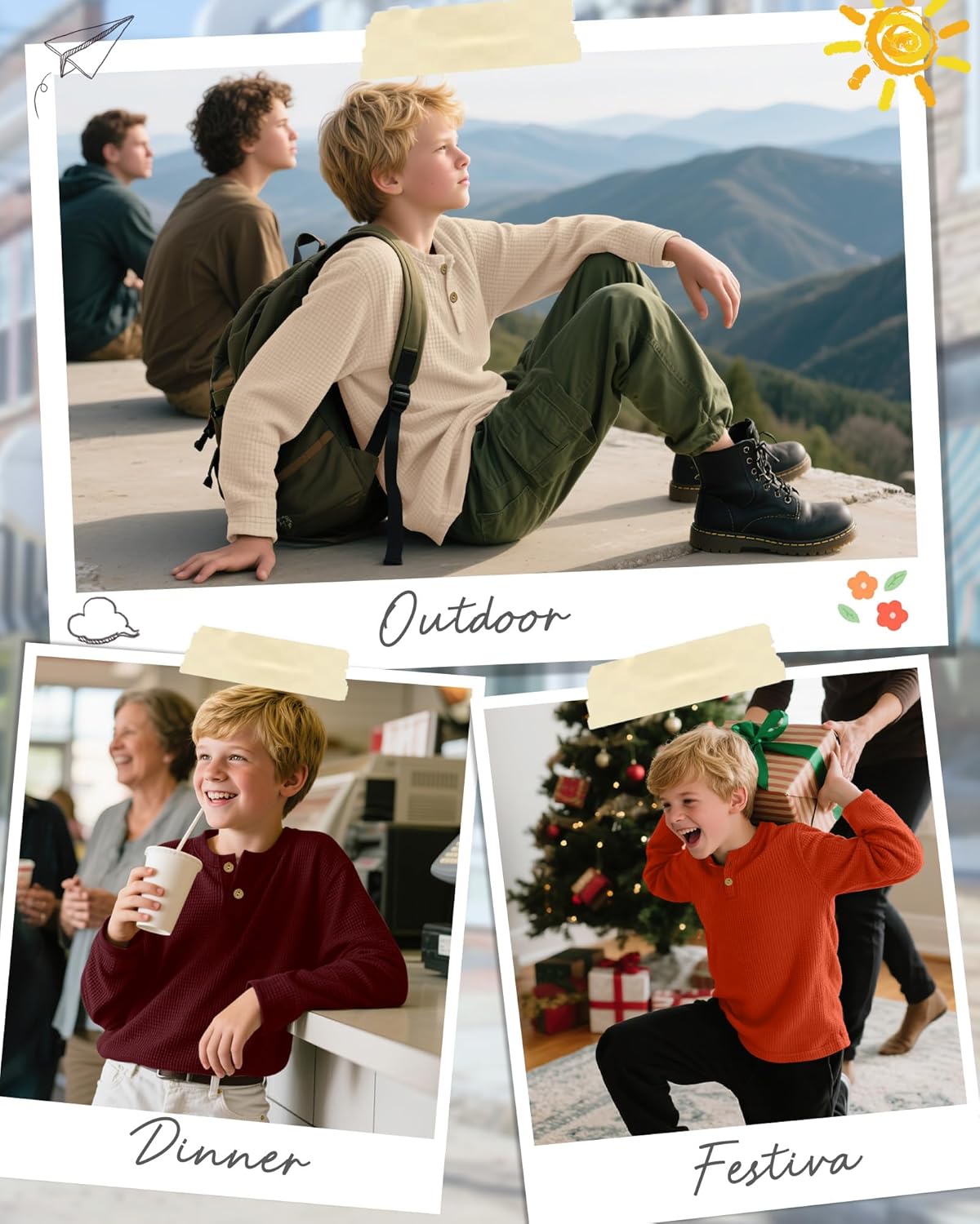 3 Pack Boy's Henley Long Sleeve Shirts Waffle Thermal Tops 5-14 Years Cotton Blend Knit Sweatshirt for School - Image 2