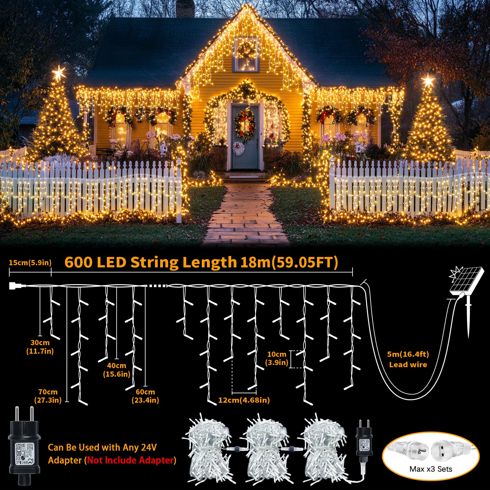 RJEDL 2500mAh Solari Luci di Natale da Esterno,18+5M 600LED Impermeabile Luci Natalizie da Esterno Cascata,Con 8 Modalità &Timer e Memoria Luci di Natale da Esterno per Balcone Finestra Casa Ringhiera