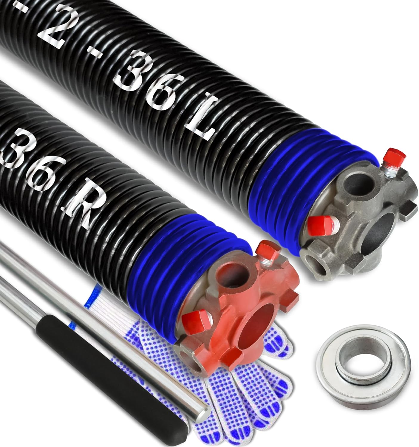 Garage Door Torsion Spring Set, Pair of 2" Electrophoresis Coated Garage Door Spring Replacement with 2 Non-Slip Winding Bars and Bearing, Minimum 16000 Cycles (.262x2x36) .262x2x36"