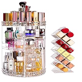 V-HANVER Makeup Organizer Combo - 360 Rotating Makeup Organizer with 7 Adjustable Layers Acrylic Skincare Organizer Large Cosmetic Display Case Clear Perfume Organizer with Makeup Lipstick Holder