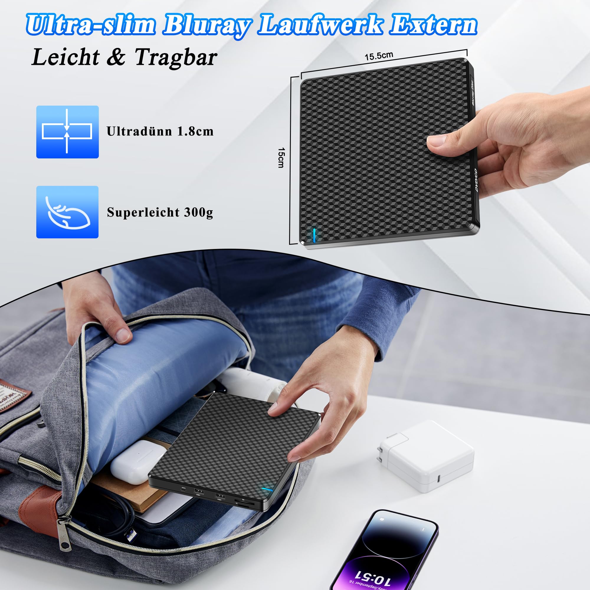Externes Blu Ray Laufwerk: Slim Bluray Brenner Extern USB C für Laptop Mac MacBook mit SD/TF Slot USB Ports Tragbar Bluray Laufwerk Extern CD/DVD/BD Player für PC Windows 11 Schwarz