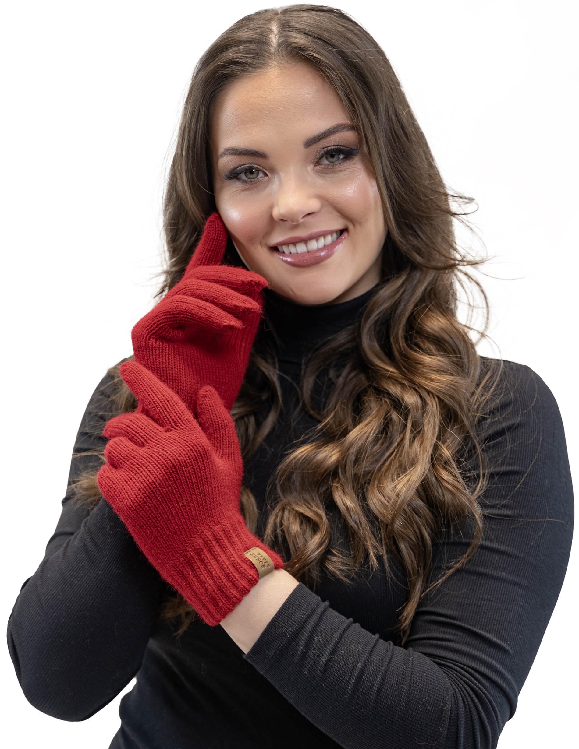 Vivisence Stylish Classic Five-Finger Women's Winter Gloves Made Of Warm And Soft Yarn With Wide Ribbed Cuff Perfect For Cold Winter Days Providing Comfort And Warmth, Red,UNI