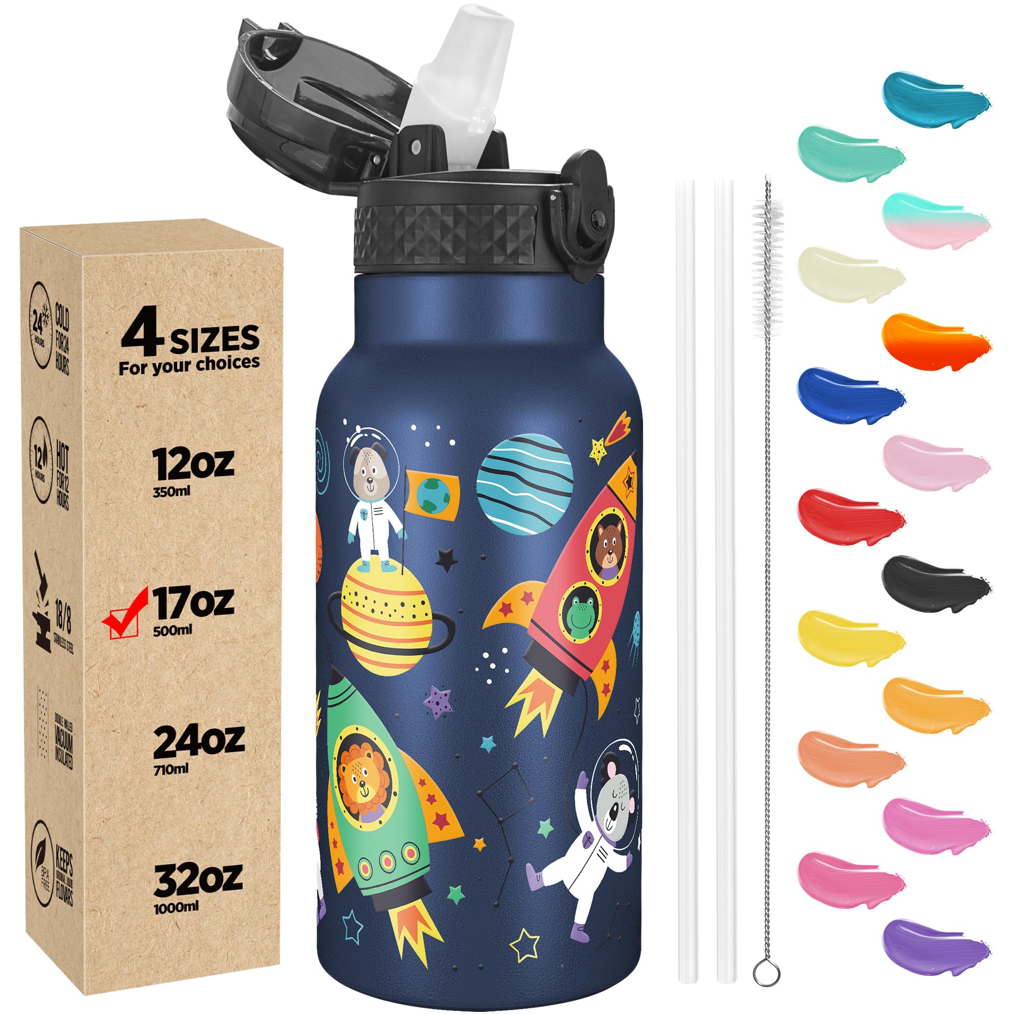 Han's Bottle Kids Water Bottle with Straw Lid - Insulated Stainless Steel Reusable Tumbler for Girls,Boys,Thermo Mug,17oz,Cosmic Animals