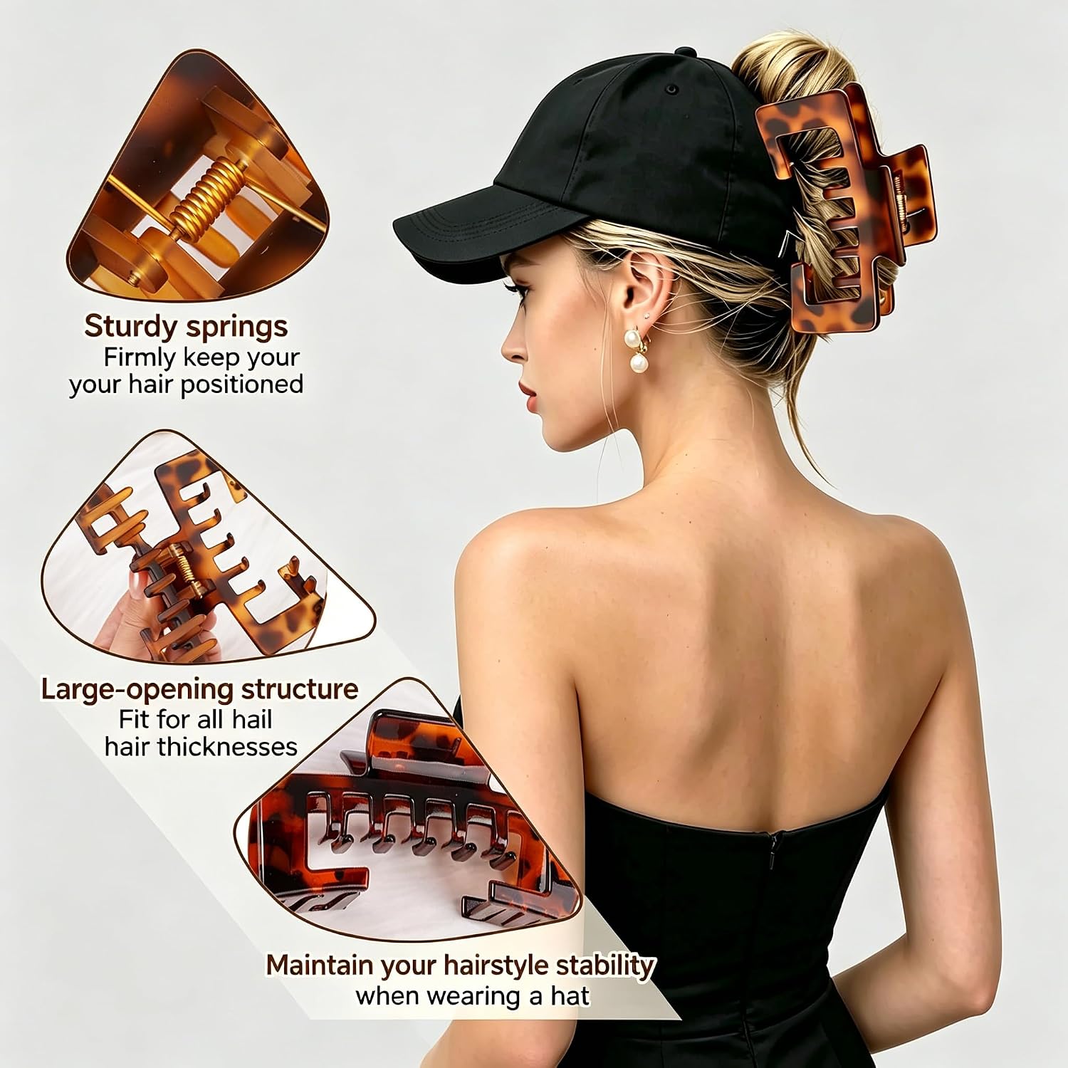 4 Pcs Hat-Friendly Claw Clips for Baseball Caps, Non-Slip Trucker Hat Hair Claw Clips for Thick Thin Hair, Hat Hairstyles (Beige+Khaki+Coffee+Black)