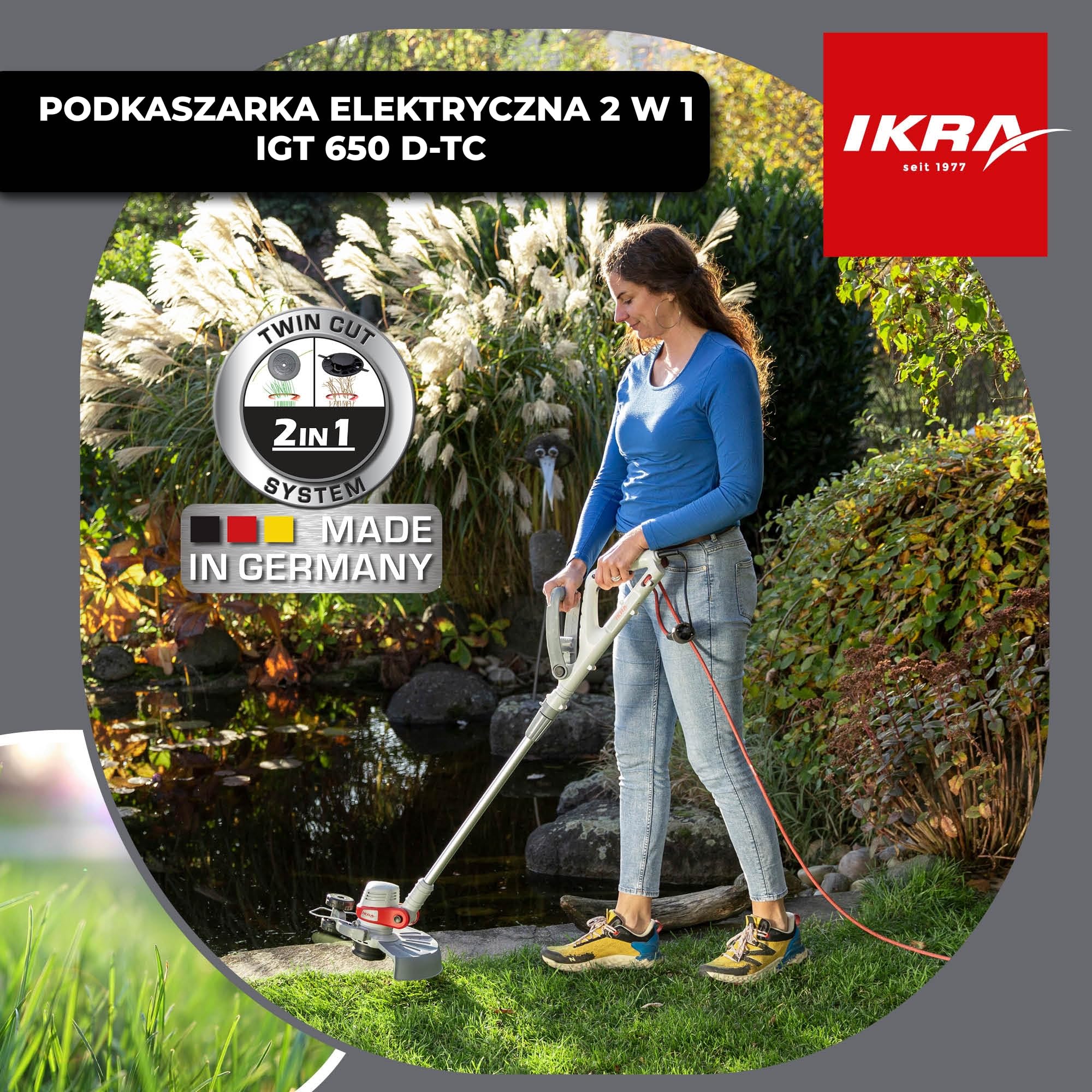 IKRA Podkaszarka elektryczna IGT 650 D-TC, 650W, szerokość cięcia 30cm | TwinCut System,szpulka w zestawie,teleskopowa regulacja wysokości,rolka krawędziowa,osłona roślin