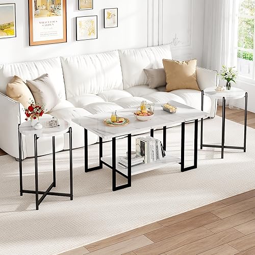 Miniatura 4 de Hooseng Juego de 3 mesas auxiliares y mesas auxiliares, moderno juego de mesa de sala de estar con marco de metal para apartamento, hogar, oficina,