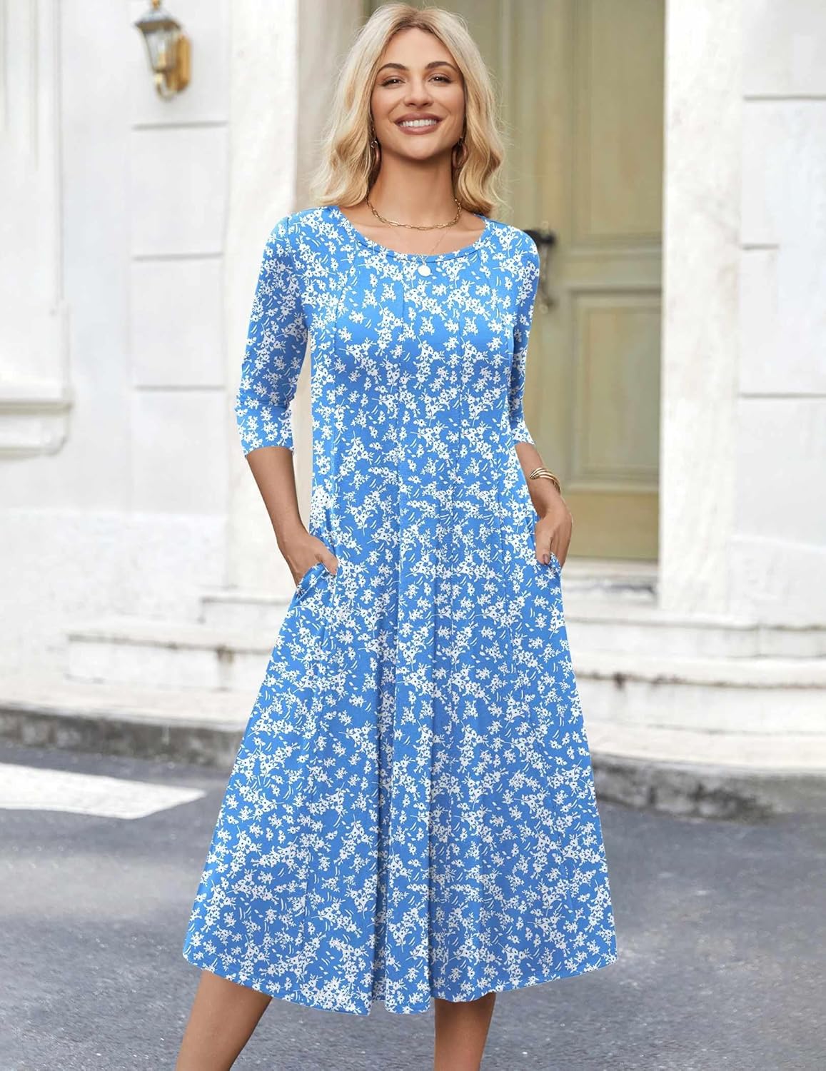 HOTOUCH Women's 3/4 Sleeve A-line and Flare Midi Long Dress - Image 4