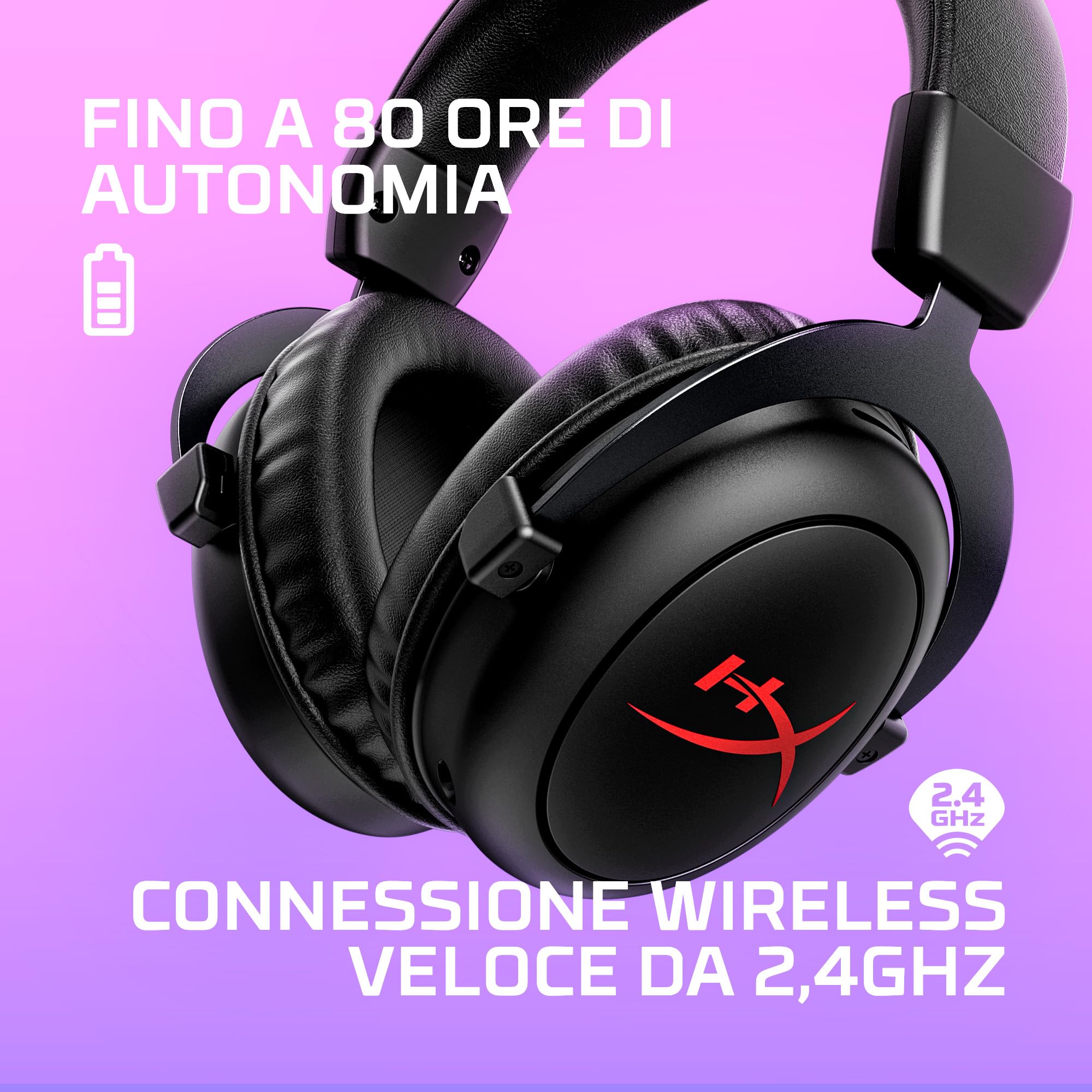 HyperX Cloud II Core, Cuffie da Gaming Senza Filo, Connessione a 2,4 GHz, Telaio in Alluminio, Cuscinetti in Memory Foam Rivestiti in Similpelle, Comandi sul Padiglione, Autonomia 80 Ore, Nero