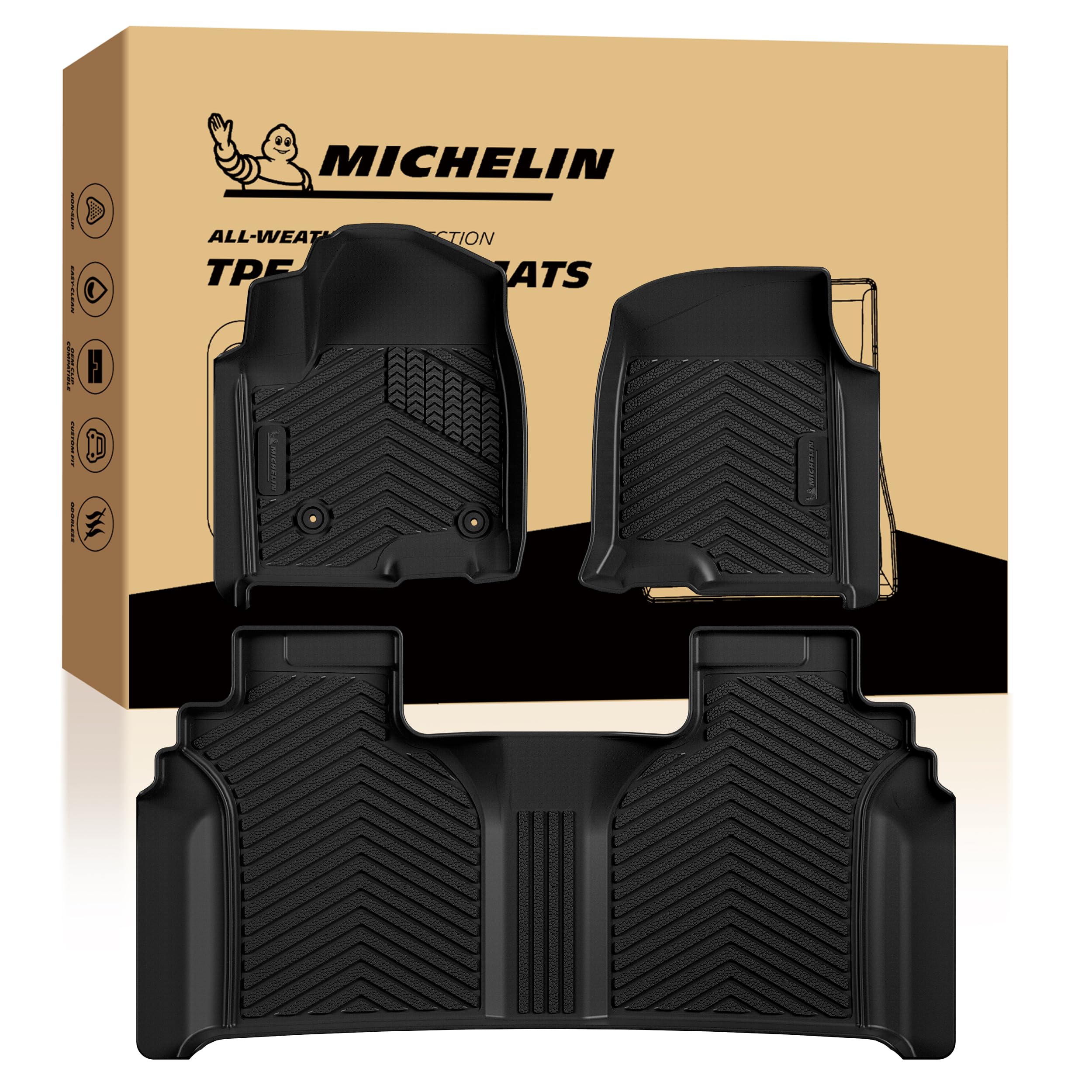 Michelin 차량 매트, 전천후 TPE 맞춤형 핏 라이너, 2019-2026 실버라도/시에라 1500, 2020-2026 2500/3500용, 크루 캡 버킷 시트 카펫 바닥, 후면 언더 시트 보관, 프리미어 A