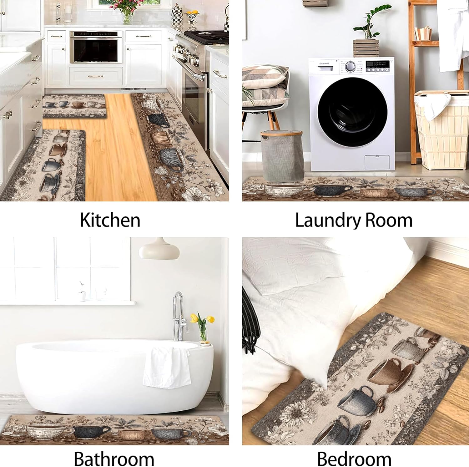 Vintage Kitchen Mats for Floor, Coffee Cups Floral Memory Foam Rugs, Cushioned Comfort Washable Non Slip Decor for Kitchen Sinks Laundry Room Bathroom 2PCS