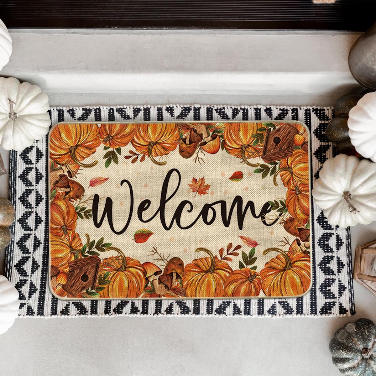 Artoid Mode Citrouilles Champignons Bienvenue Paillasson d'automne, Bienvenue Décoration de la Maison Tapis de Cuisine Tapis de Sol pour Intérieur Extérieur Décor 40 x 60 cm